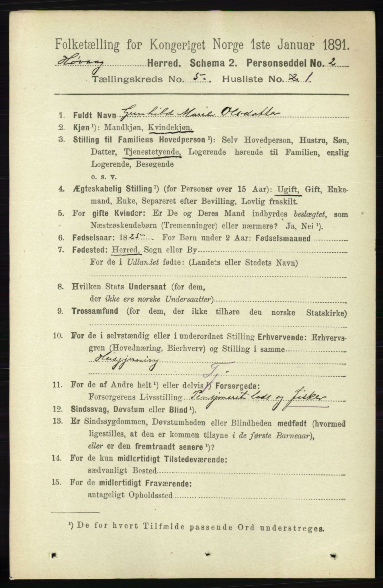 RA, 1891 census for 0927 Høvåg, 1891, p. 1843