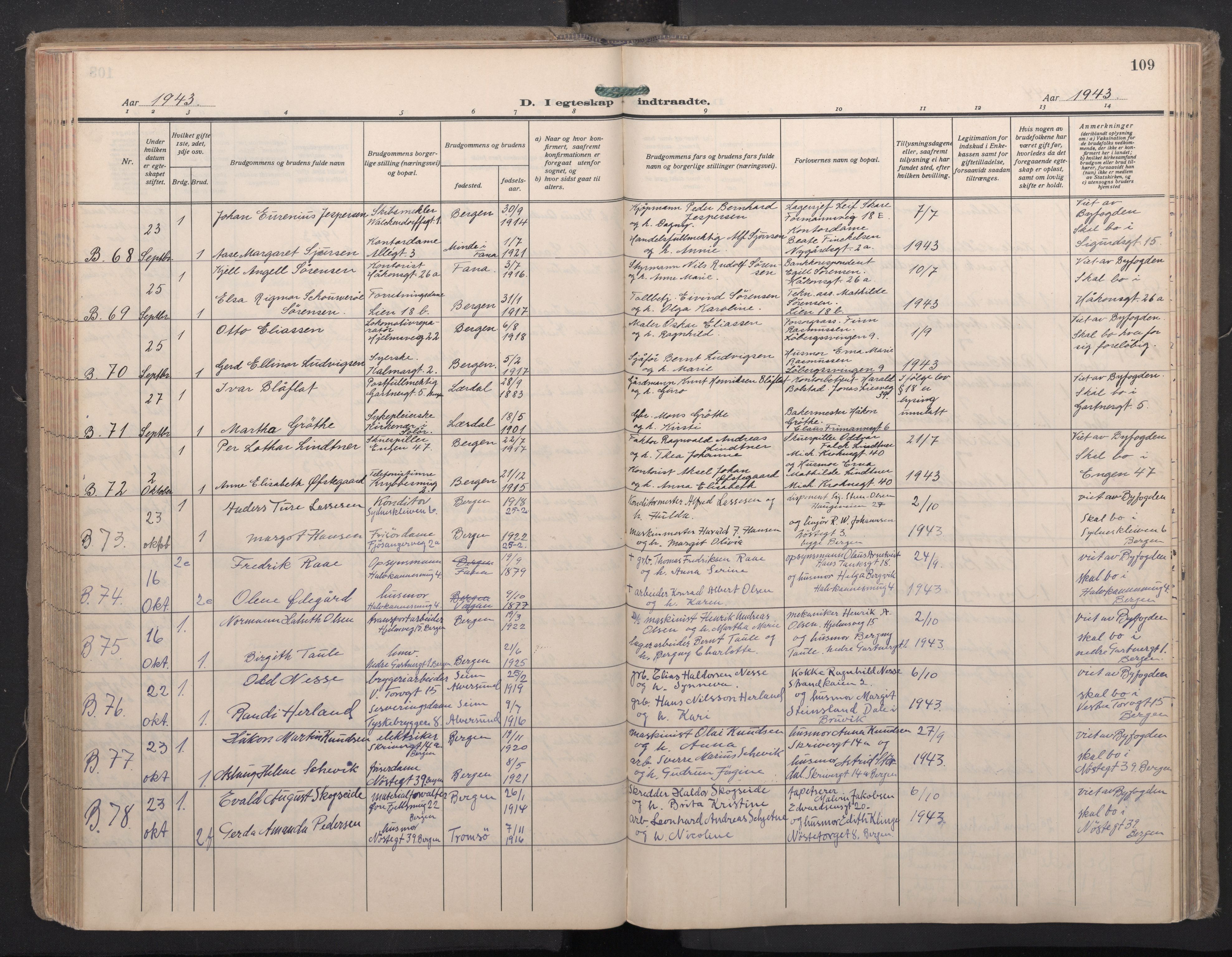 Domkirken sokneprestembete, AV/SAB-A-74801/H/Haa: Parish register (official) no. D 7, 1937-1950, p. 108b-109a