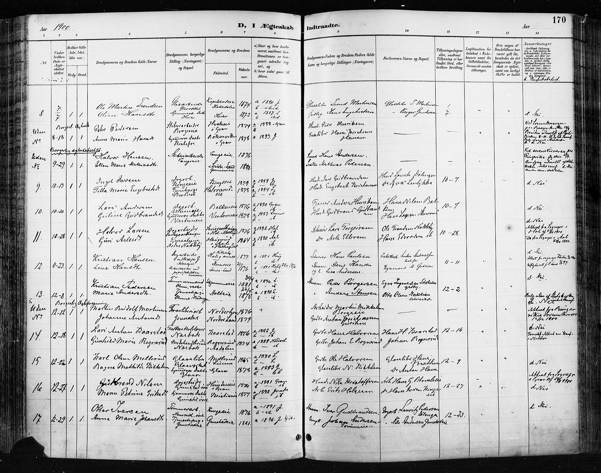 Jevnaker prestekontor, SAH/PREST-116/H/Ha/Haa/L0009: Parish register (official) no. 9, 1891-1901, p. 170