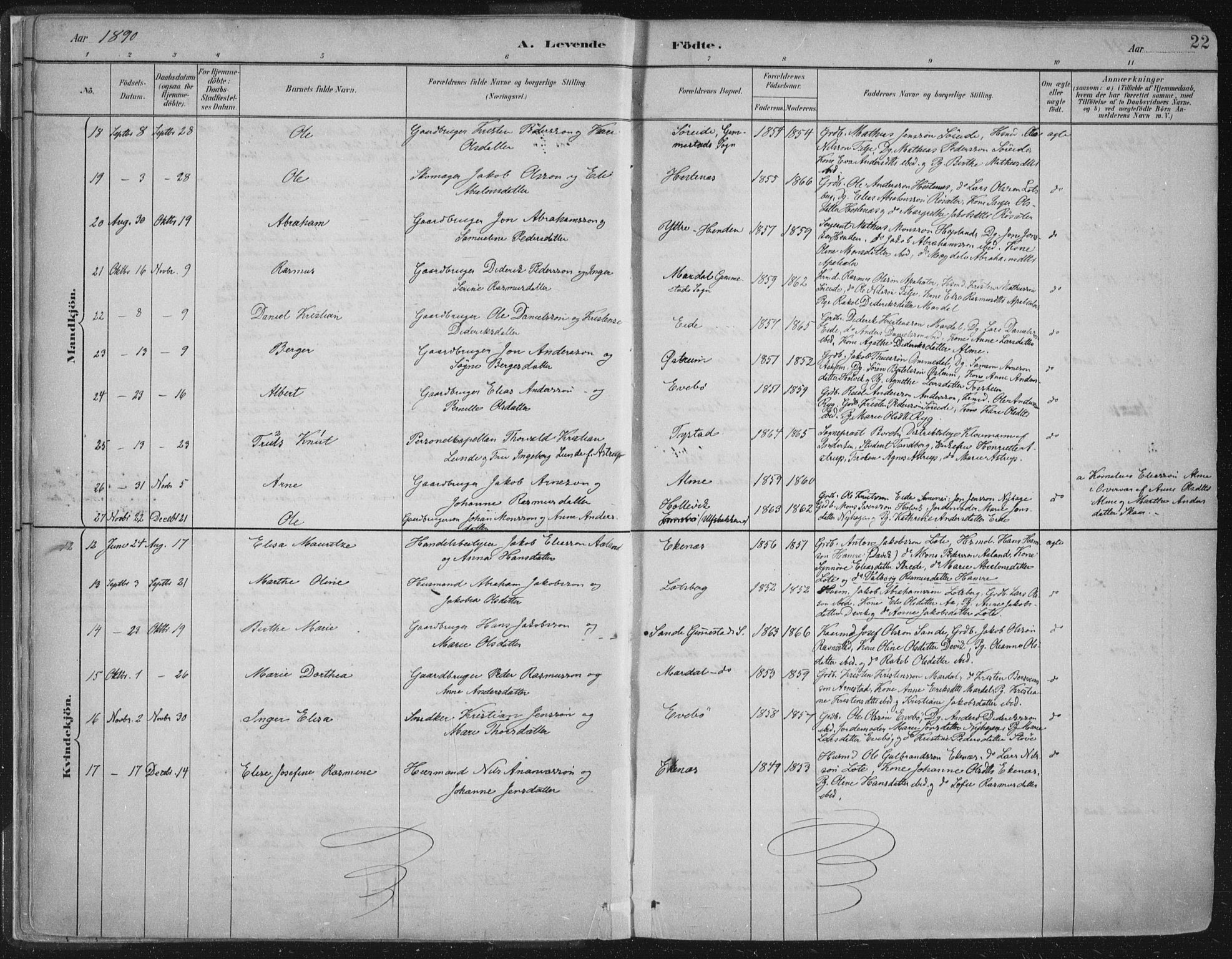 Gloppen sokneprestembete, AV/SAB-A-80101/H/Haa/Haab/L0001: Parish register (official) no. B  1, 1885-1905, p. 22