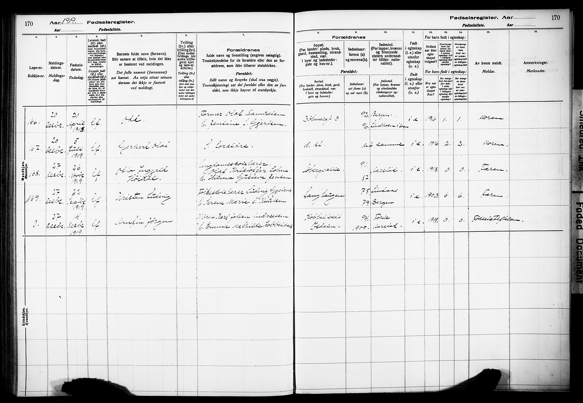 Årstad Sokneprestembete, AV/SAB-A-79301/I/Id/L0A01: Birth register no. A 1, 1916-1920, p. 170