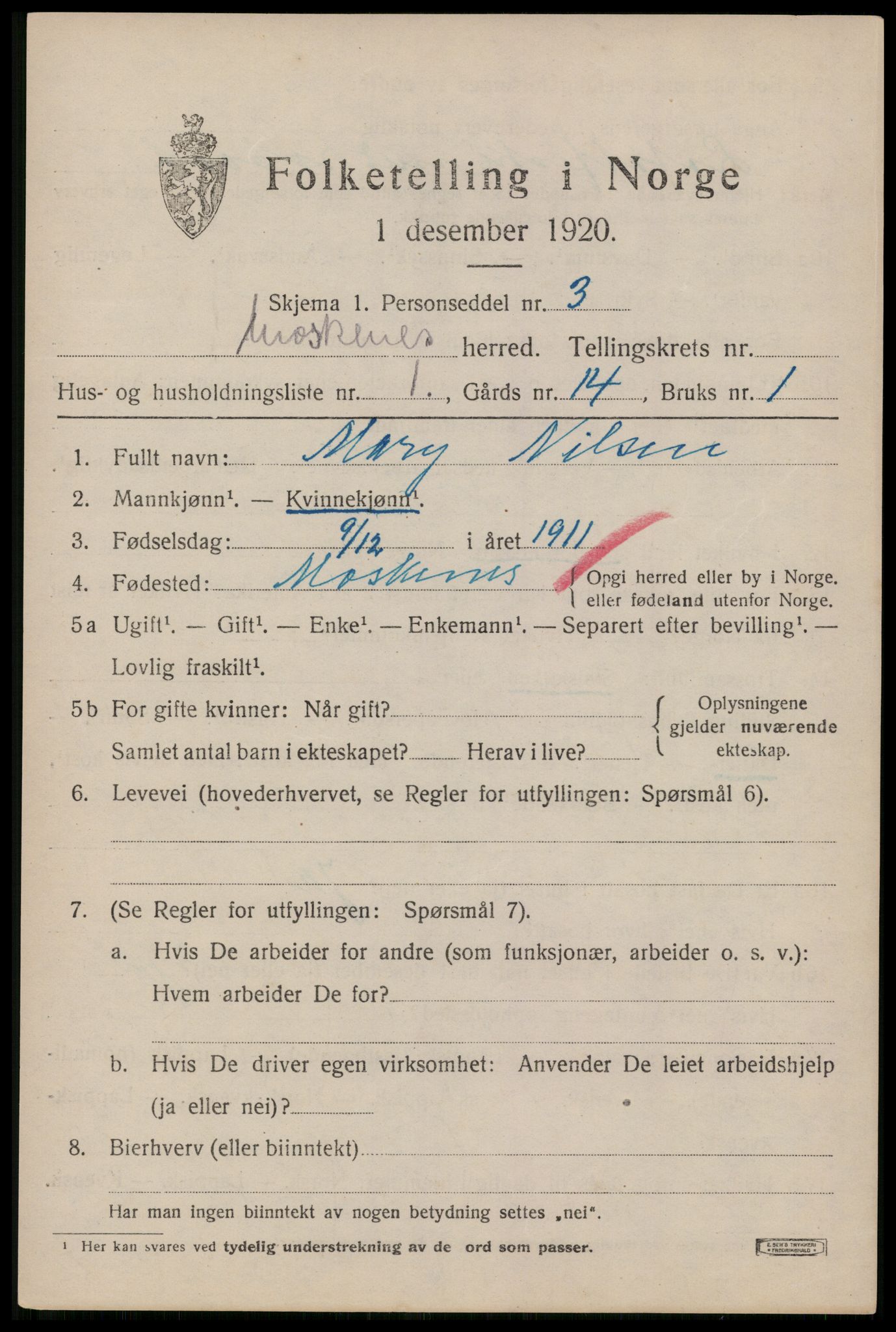 SAT, 1920 census for Moskenes, 1920, p. 1742