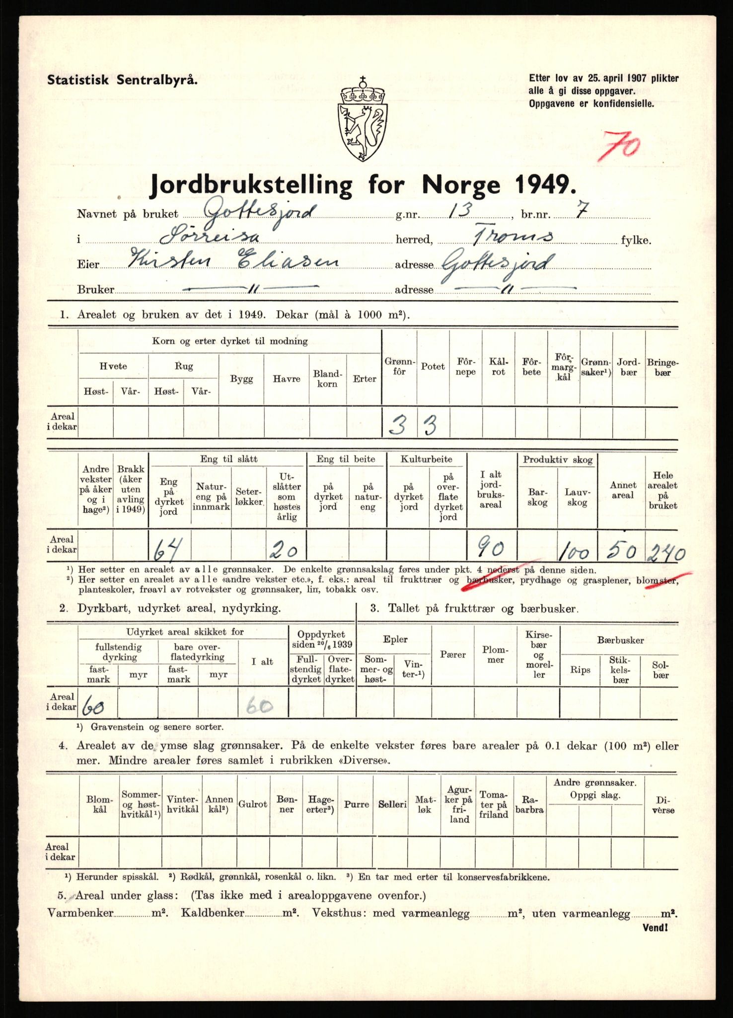 Statistisk sentralbyrå, Næringsøkonomiske emner, Jordbruk, skogbruk, jakt, fiske og fangst, AV/RA-S-2234/G/Gc/L0440: Troms: Sørreisa og Dyrøy, 1949, p. 845