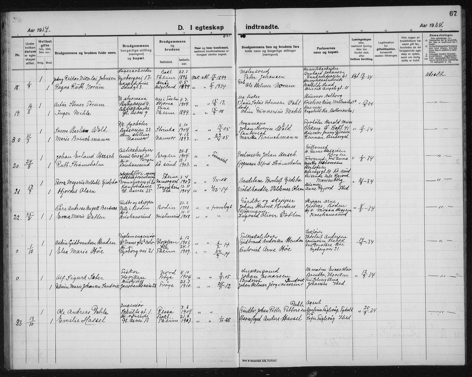 Ministerialprotokoller, klokkerbøker og fødselsregistre - Sør-Trøndelag, SAT/A-1456/603/L0176: Parish register (copy) no. 603C04, 1923-1941, p. 67