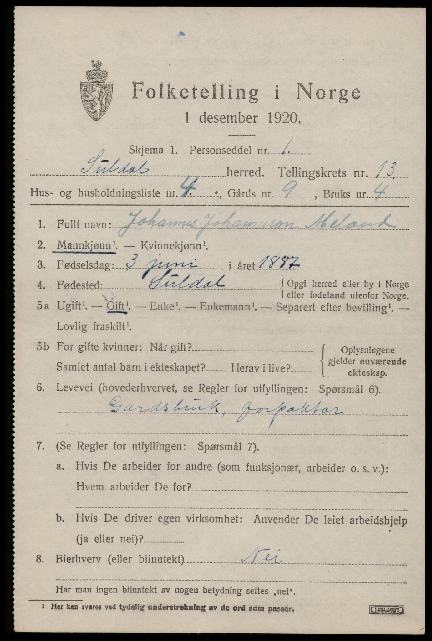 SAST, 1920 census for Suldal, 1920, p. 3952