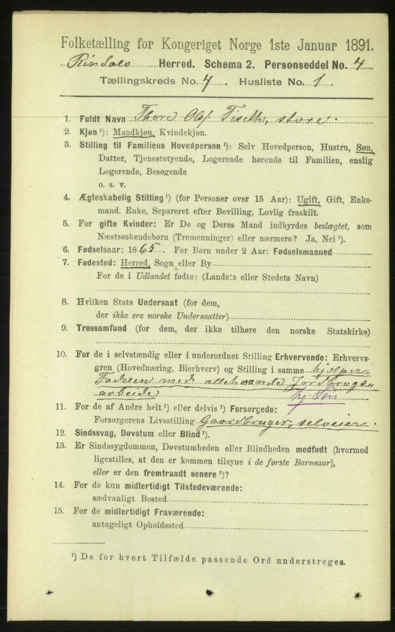 RA, 1891 census for 1567 Rindal, 1891, p. 1207