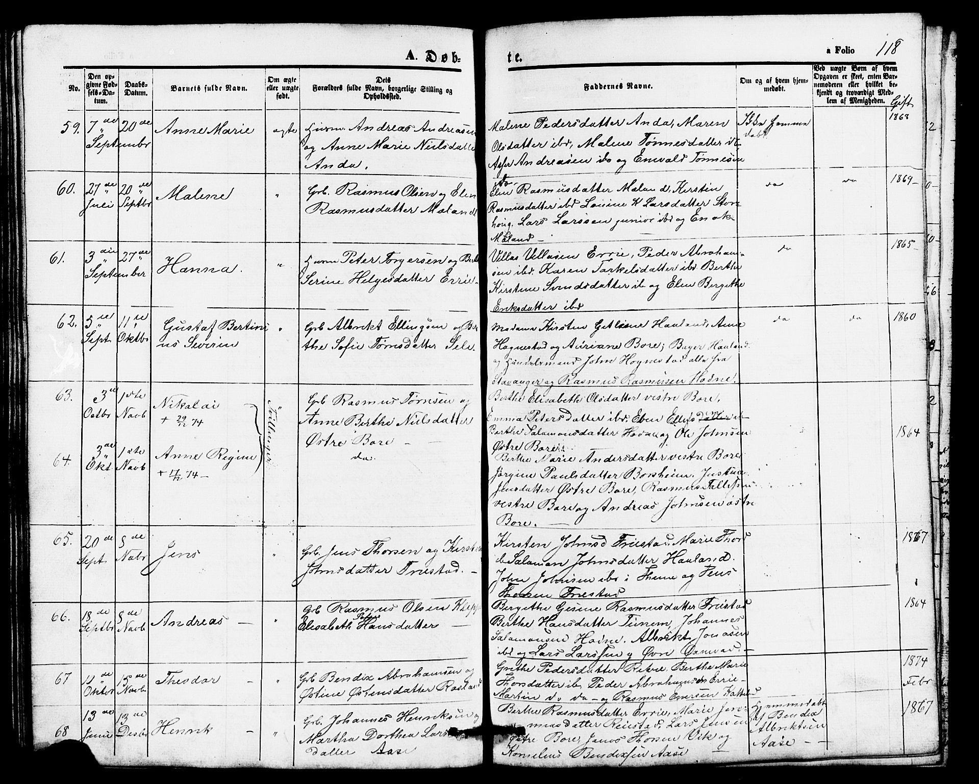 Klepp sokneprestkontor, AV/SAST-A-101803/001/3/30BB/L0002: Parish register (copy) no. B 2, 1860-1875, p. 118