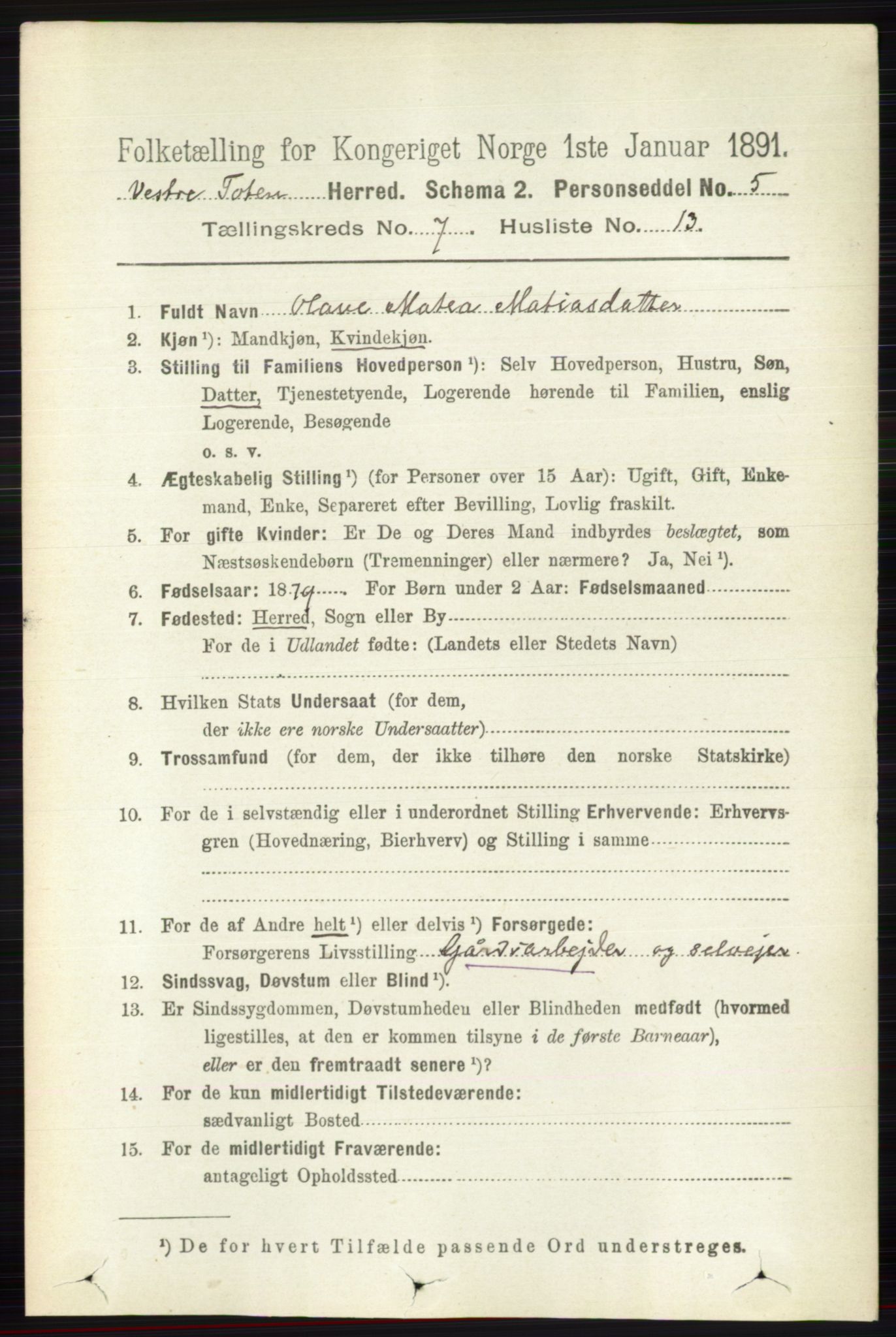 RA, 1891 census for 0529 Vestre Toten, 1891, p. 4452