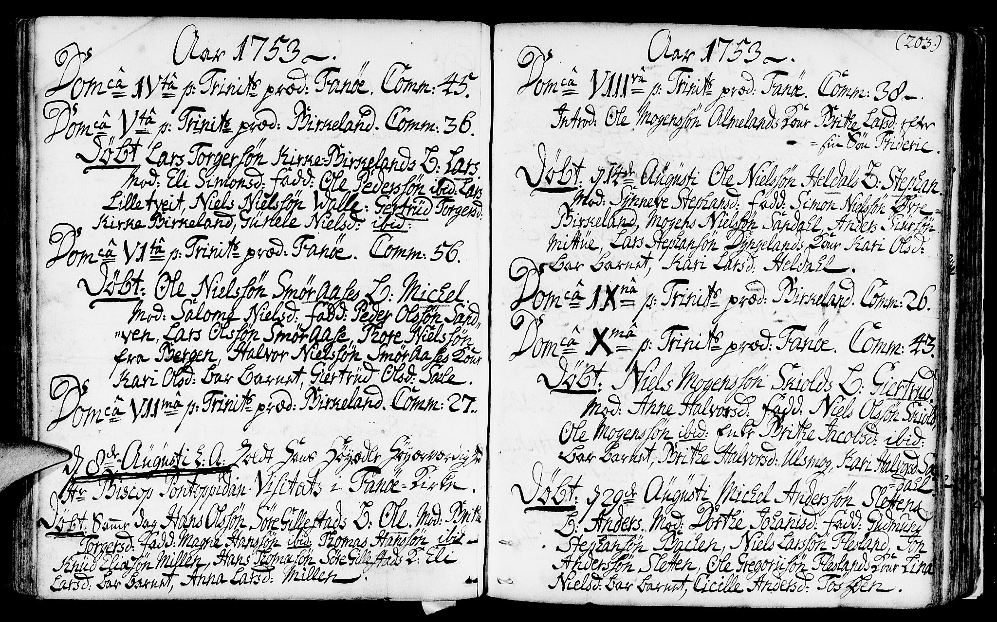 Fana Sokneprestembete, AV/SAB-A-75101/H/Haa/Haaa/L0003: Parish register (official) no. A 3, 1736-1757, p. 203