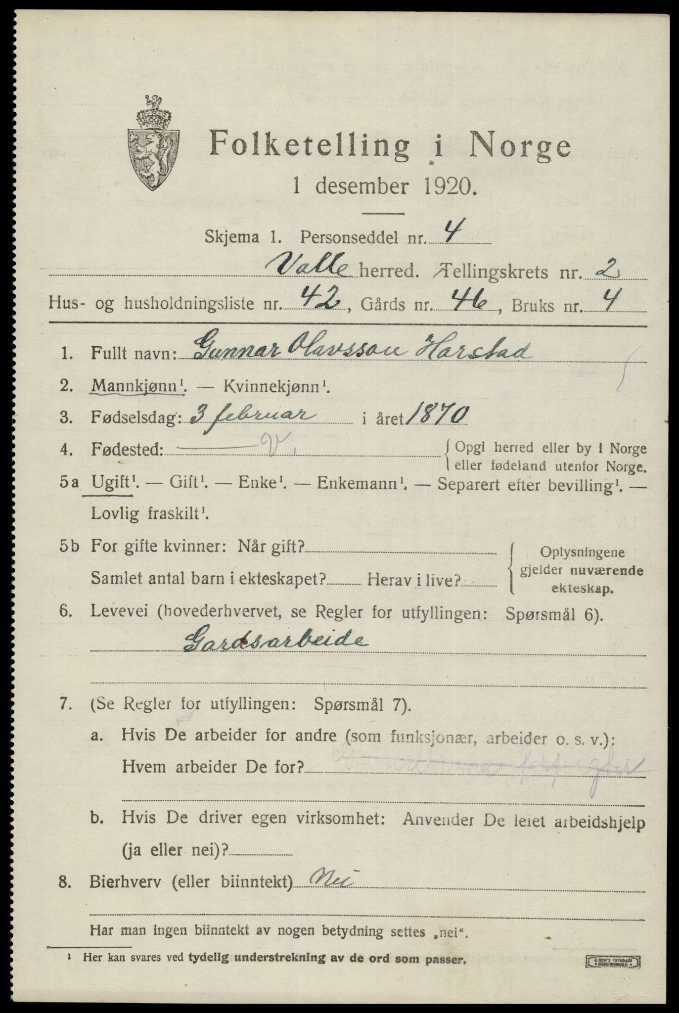 SAK, 1920 census for Valle, 1920, p. 1431