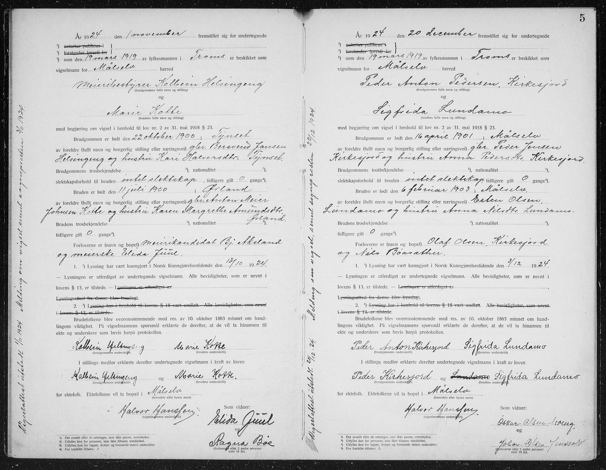 Målselv sokneprestembete, AV/SATØ-S-1311/I/Ie/L0046: Marriage register (dissenter) no. 46, 1919-1942, p. 5