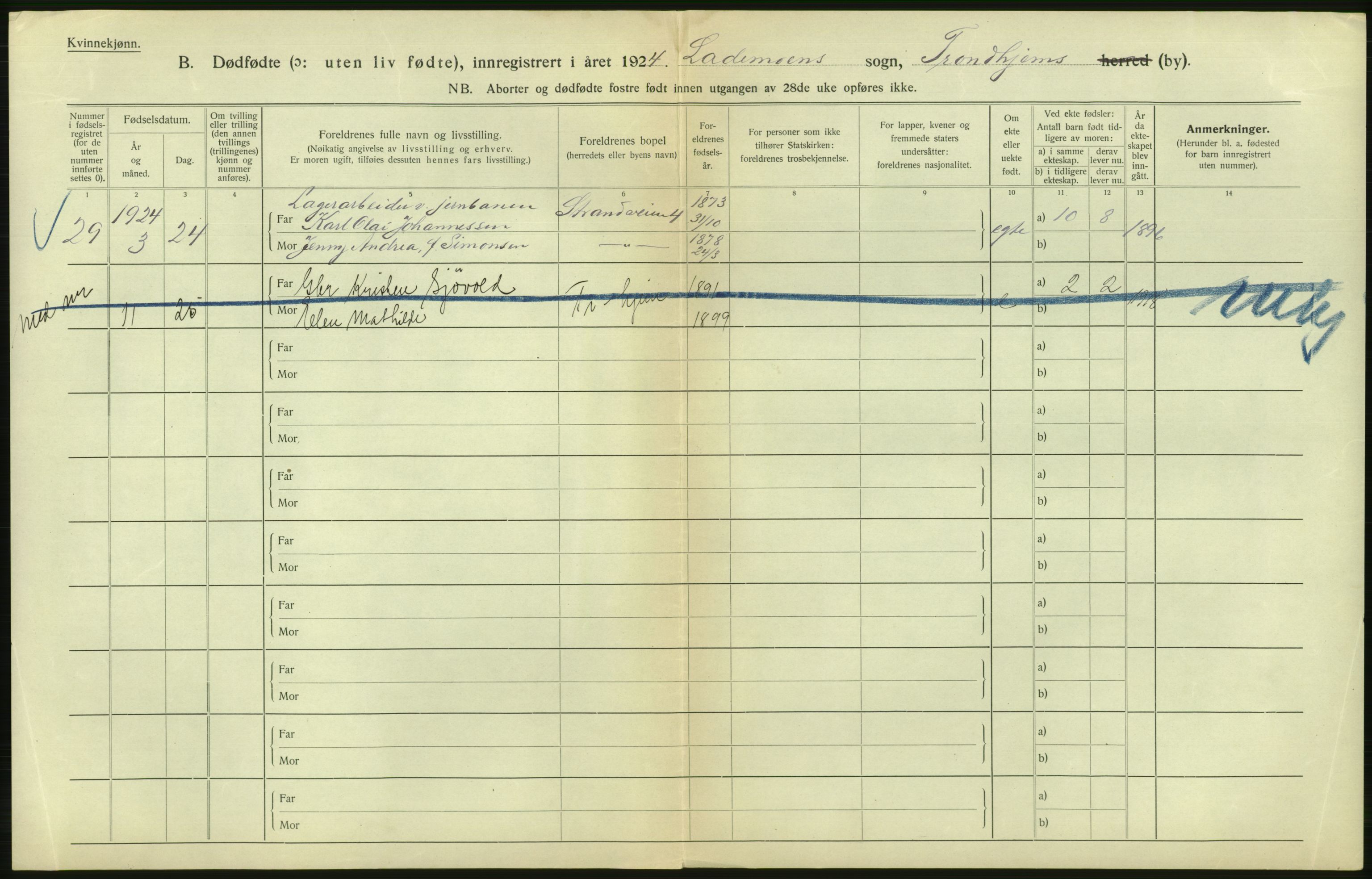 Statistisk sentralbyrå, Sosiodemografiske emner, Befolkning, AV/RA-S-2228/D/Df/Dfc/Dfcd/L0037: Trondheim: Levendefødte menn og kvinner, gifte, døde, dødfødte., 1924, p. 890