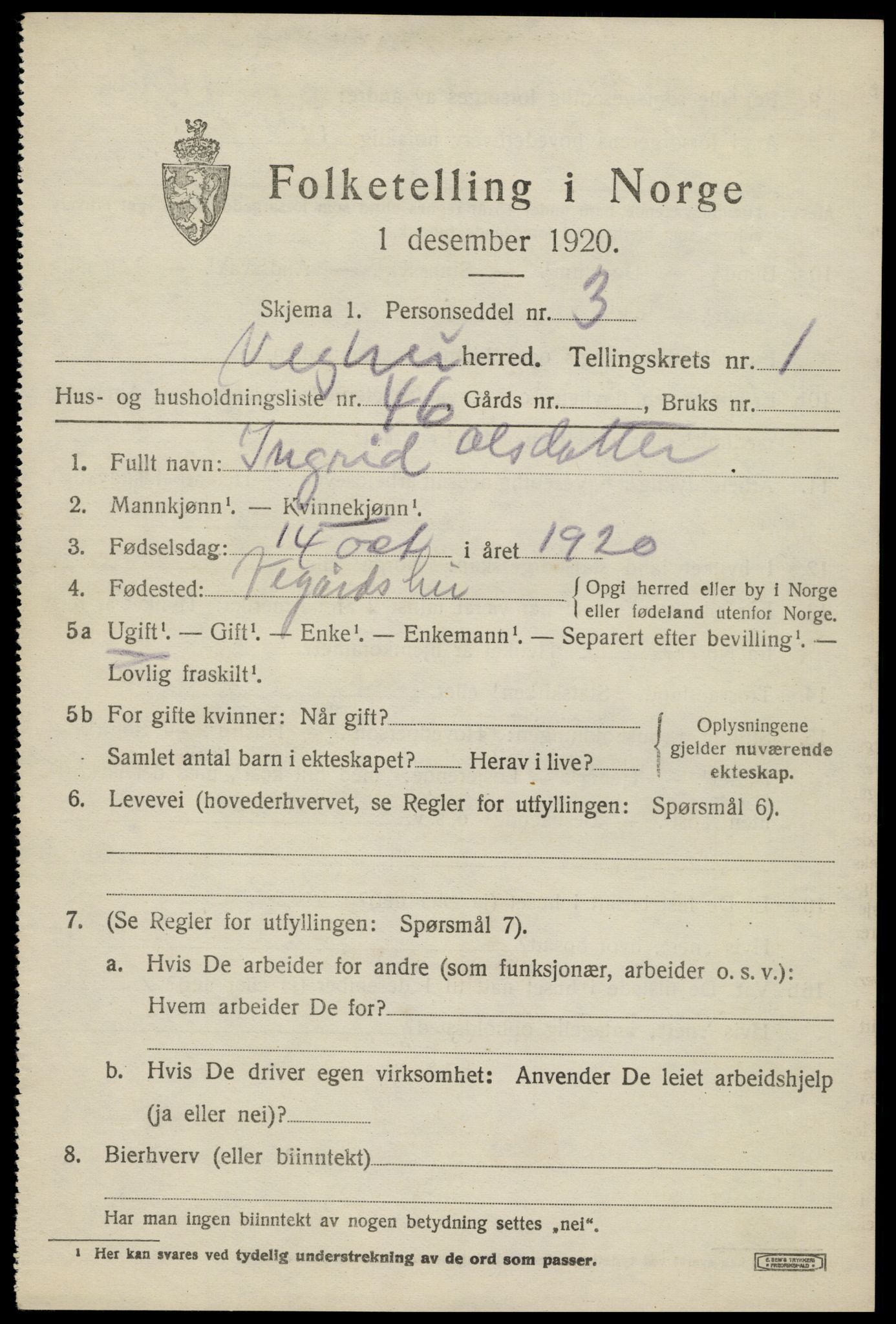 SAK, 1920 census for Vegårshei, 1920, p. 1214