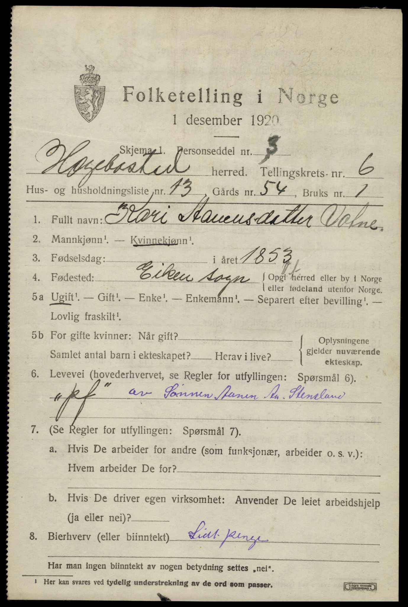SAK, 1920 census for Hægebostad, 1920, p. 2091