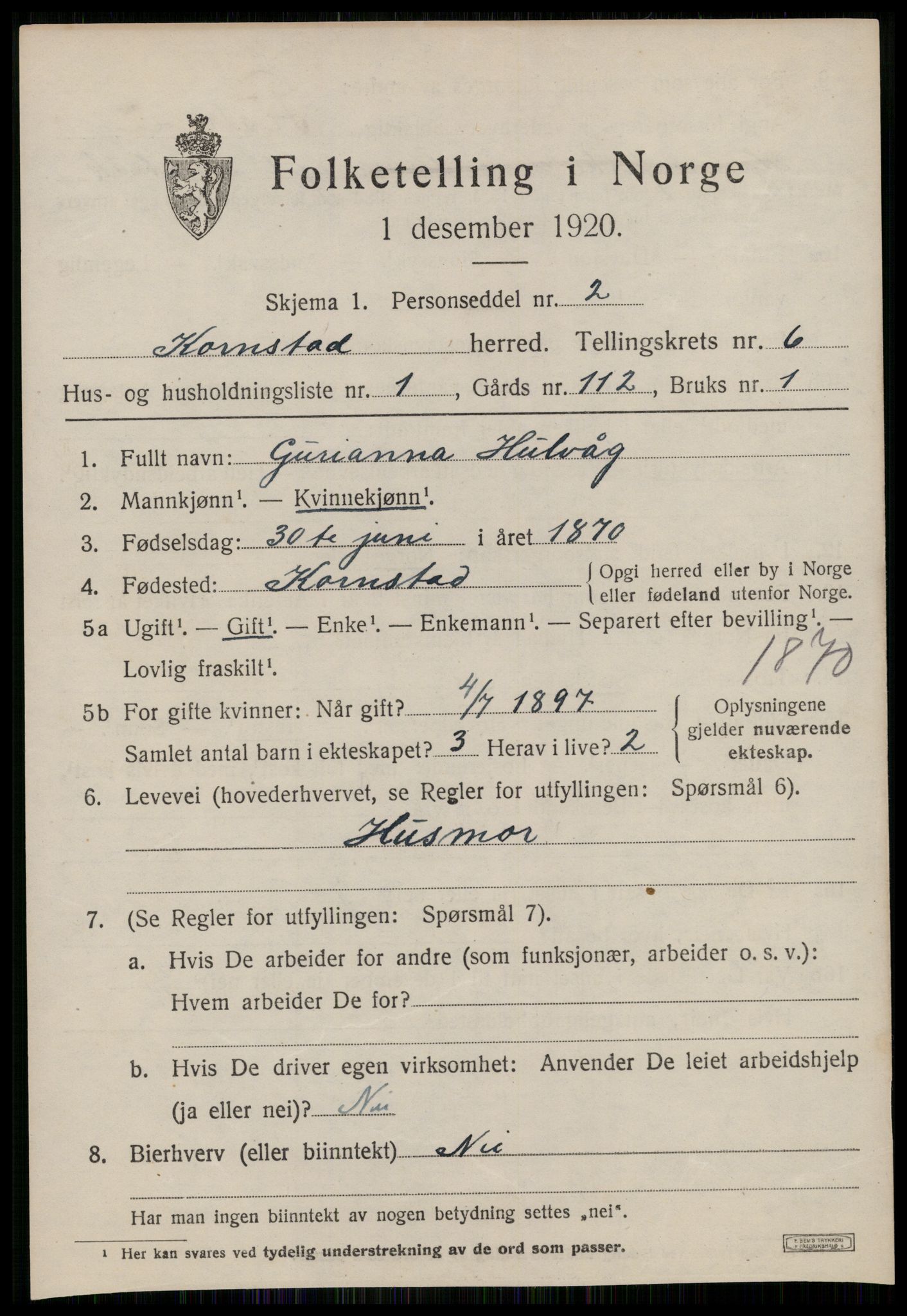 SAT, 1920 census for Kornstad, 1920, p. 3125