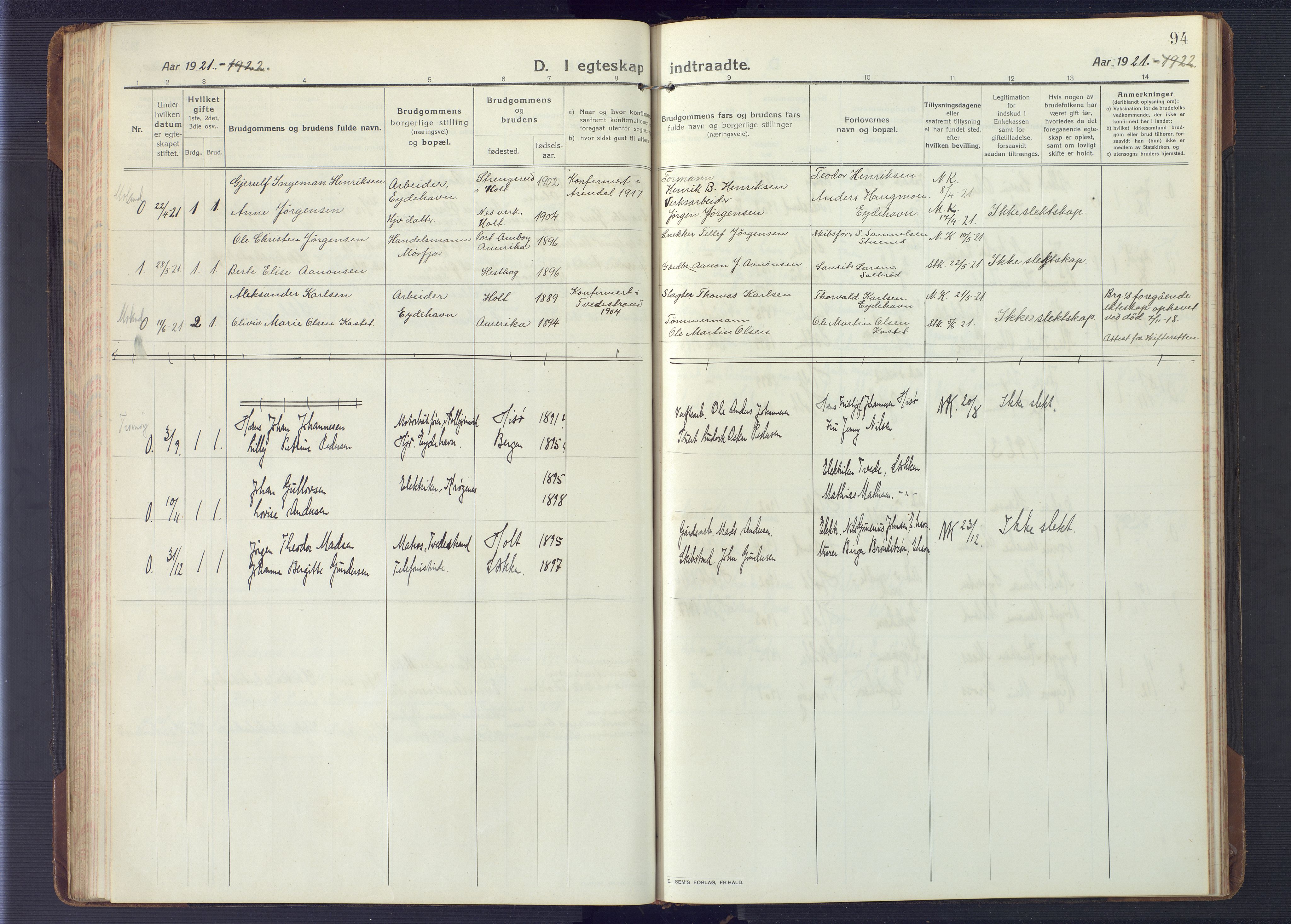 Austre Moland sokneprestkontor, AV/SAK-1111-0001/F/Fb/Fbb/L0004: Parish register (copy) no. B 4, 1914-1929, p. 94