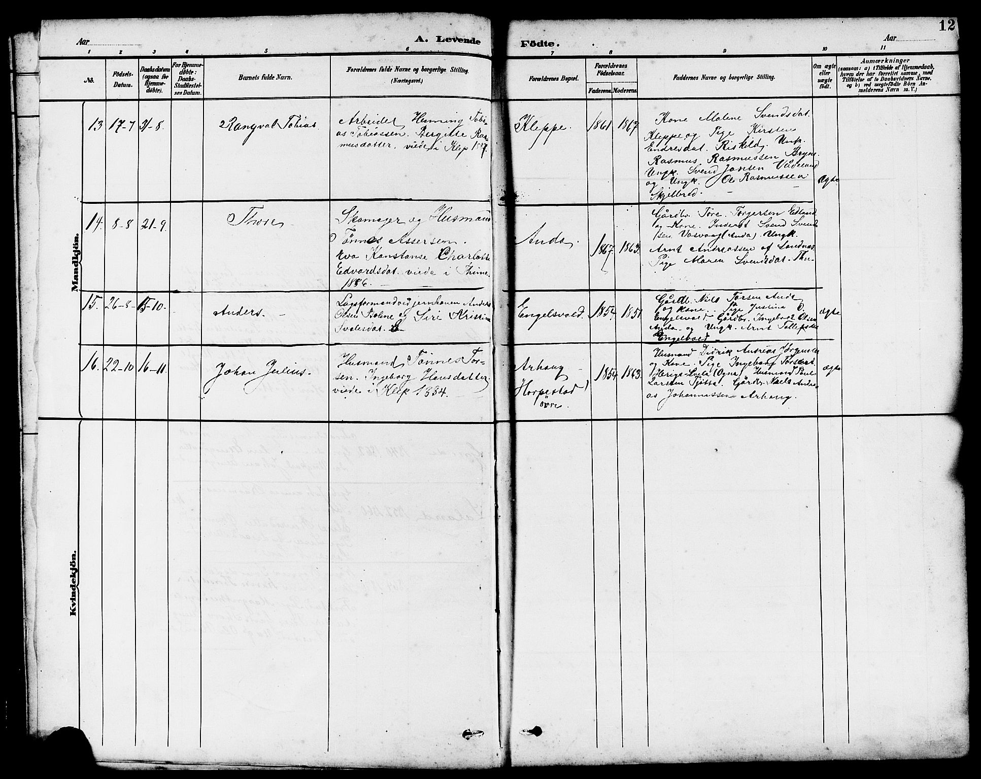 Klepp sokneprestkontor, AV/SAST-A-101803/001/3/30BB/L0004: Parish register (copy) no. B 4, 1889-1914, p. 12