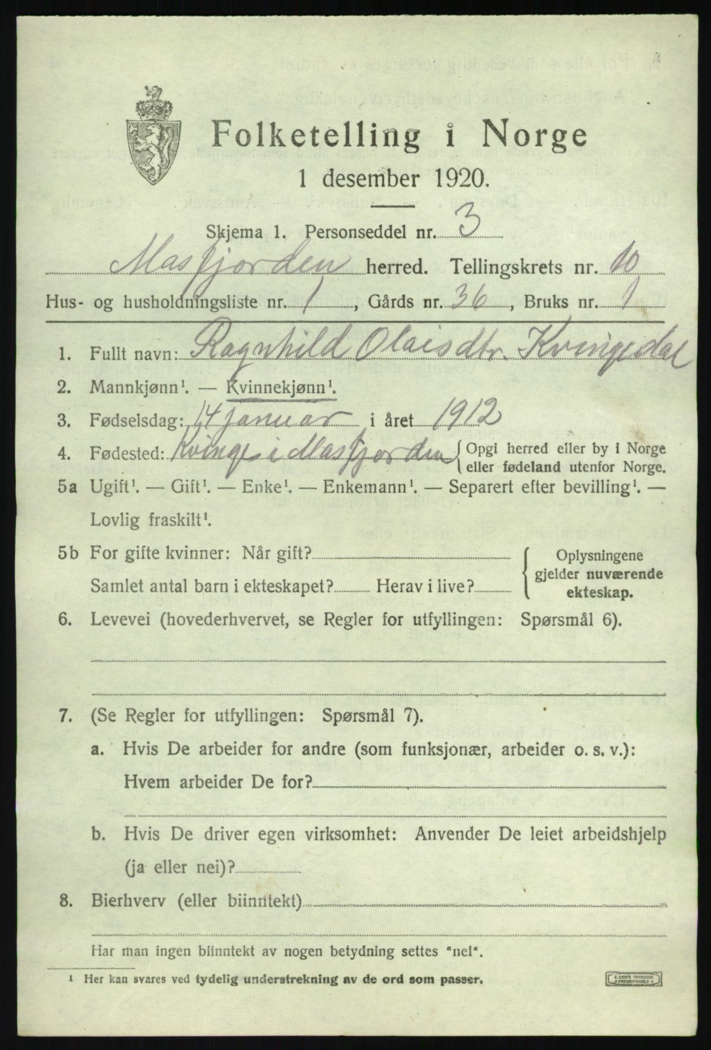 SAB, 1920 census for Masfjorden, 1920, p. 3667