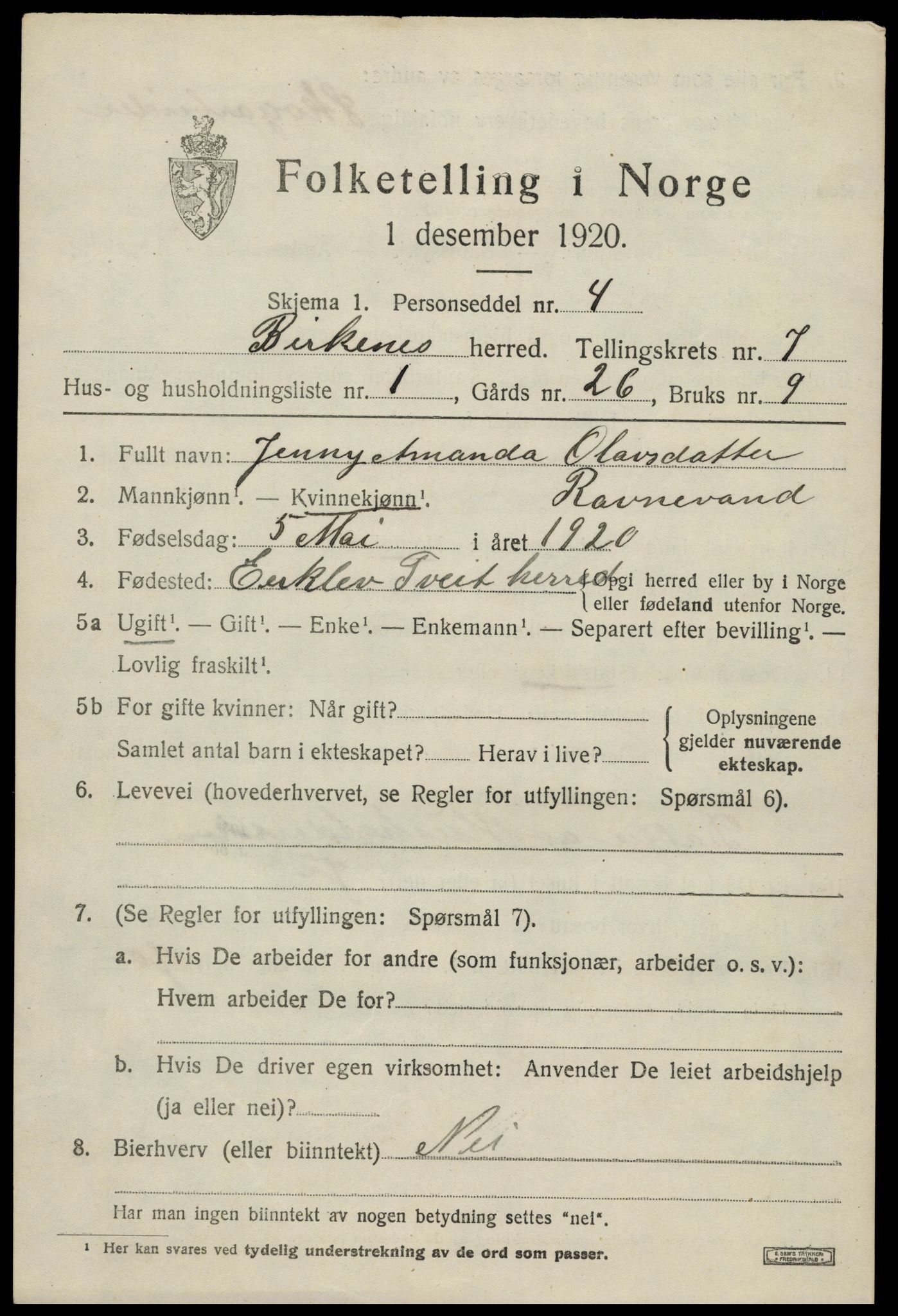 SAK, 1920 census for Birkenes, 1920, p. 4007