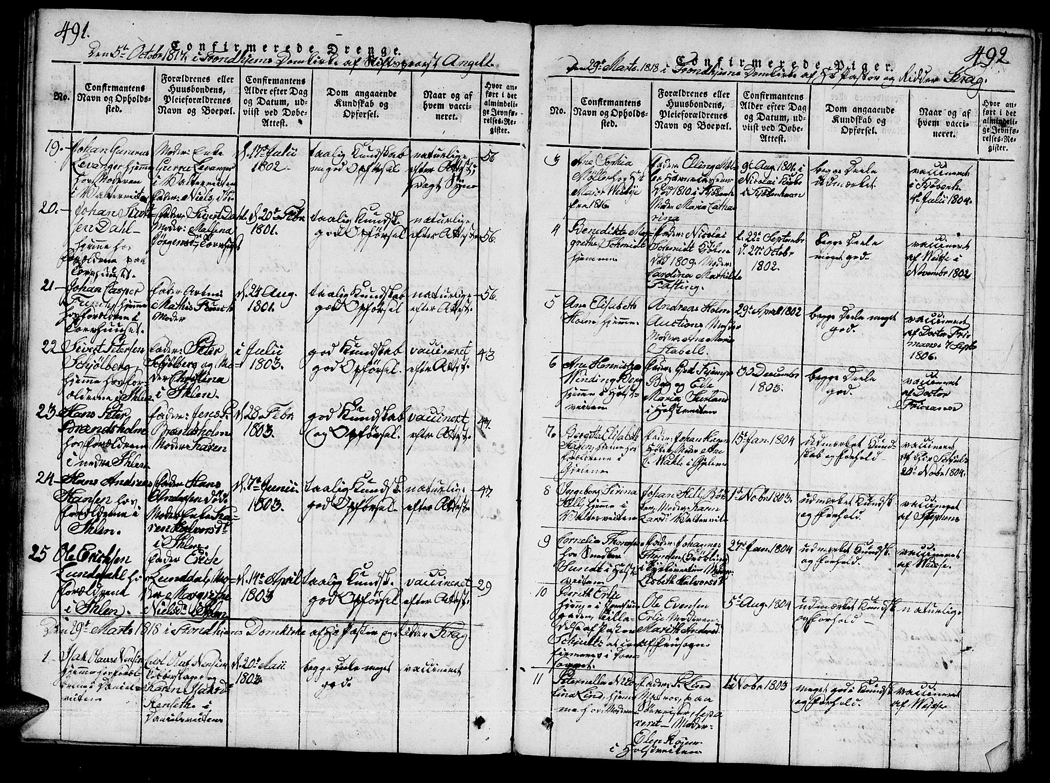 Ministerialprotokoller, klokkerbøker og fødselsregistre - Sør-Trøndelag, SAT/A-1456/601/L0043: Parish register (official) no. 601A11, 1815-1821, p. 491-492