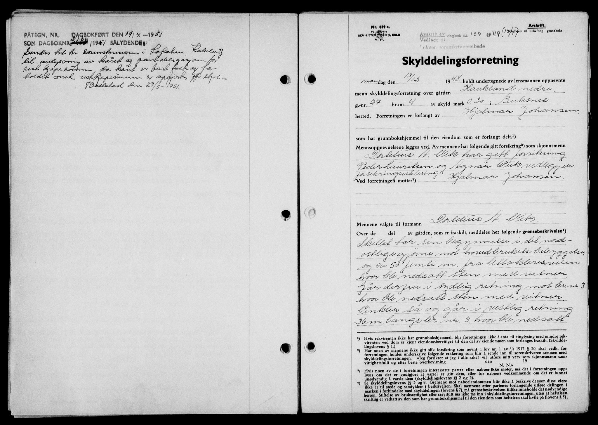 Lofoten sorenskriveri, SAT/A-0017/1/2/2C/L0020a: Mortgage book no. 20a, 1948-1949, Diary no: : 109/1949