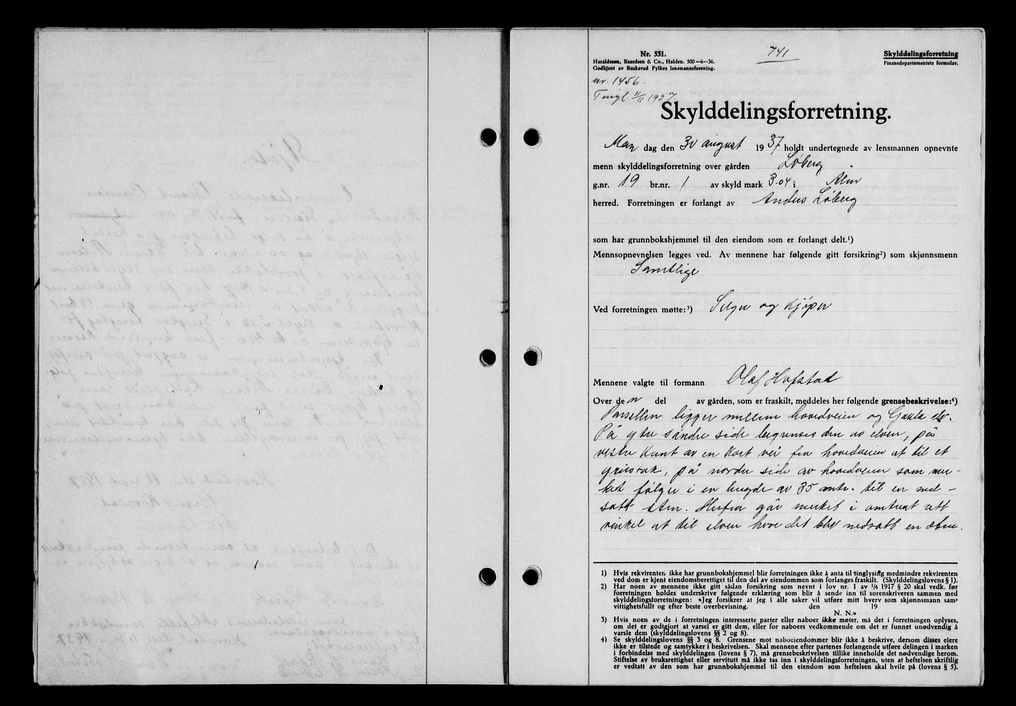 Gauldal sorenskriveri, SAT/A-0014/1/2/2C/L0048: Mortgage book no. 51-52, 1937-1938, p. 741, Diary no: : 1456/1937