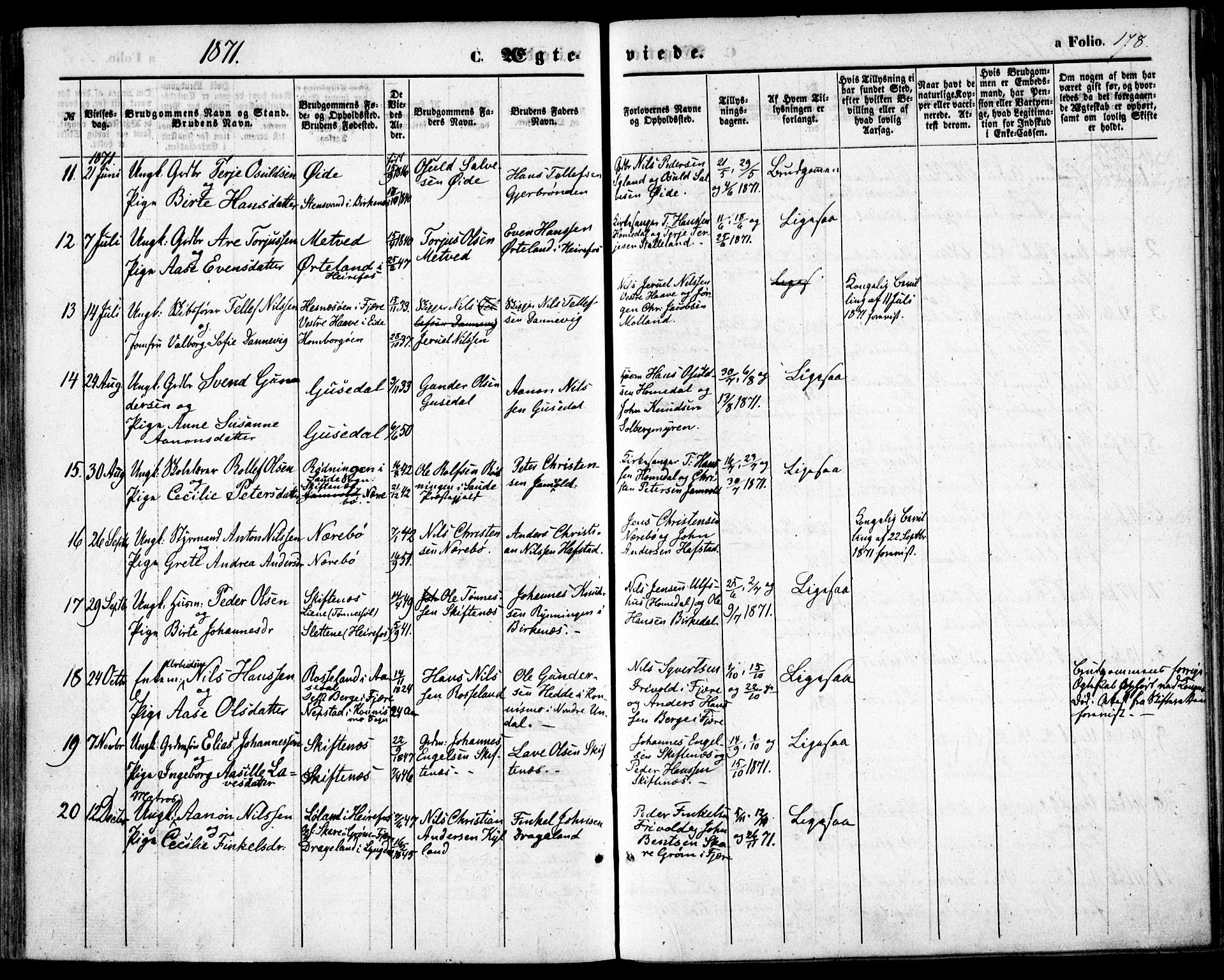 Hommedal sokneprestkontor, AV/SAK-1111-0023/F/Fa/Fab/L0005: Parish register (official) no. A 5, 1861-1877, p. 178