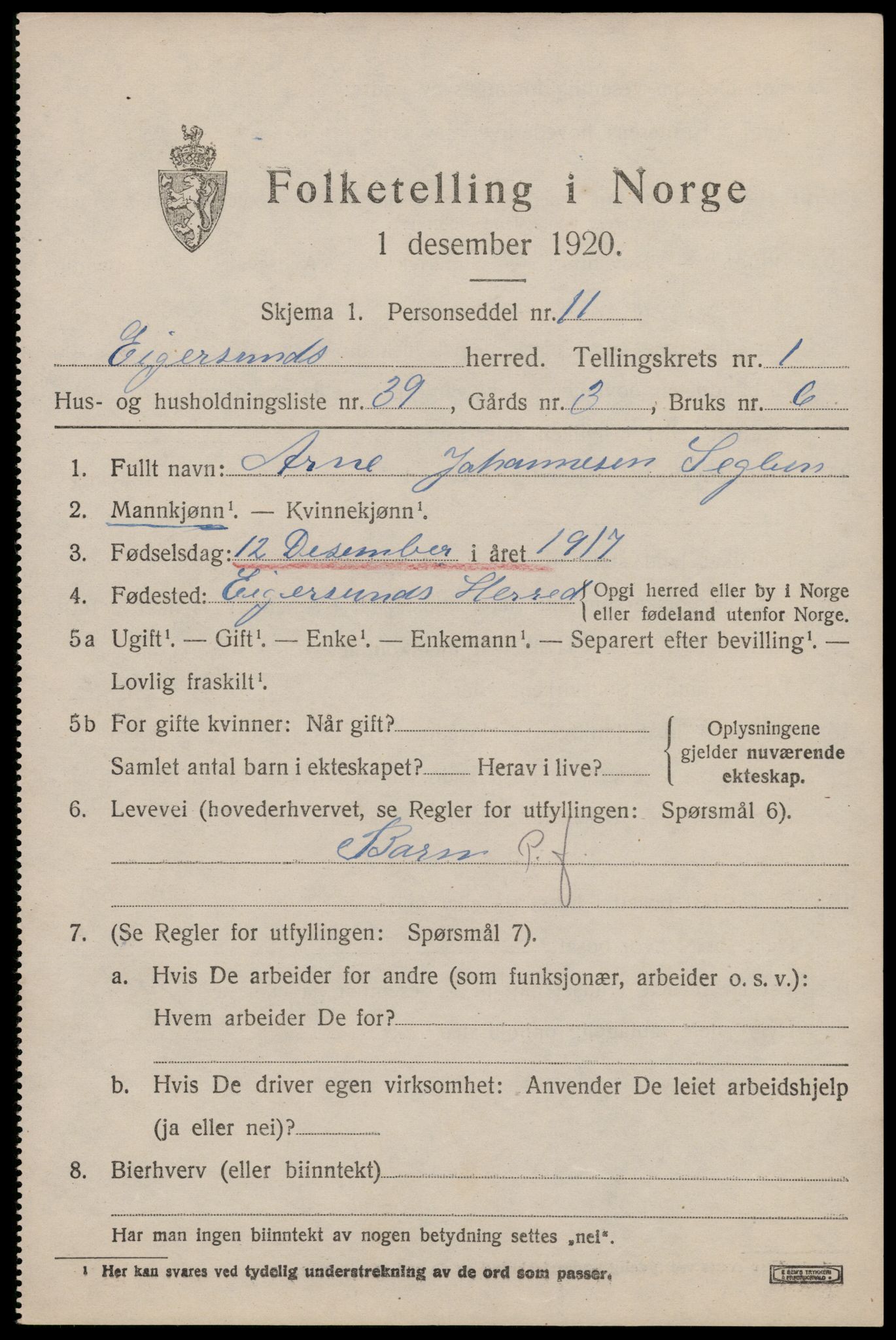 SAST, 1920 census for Eigersund, 1920, p. 1609