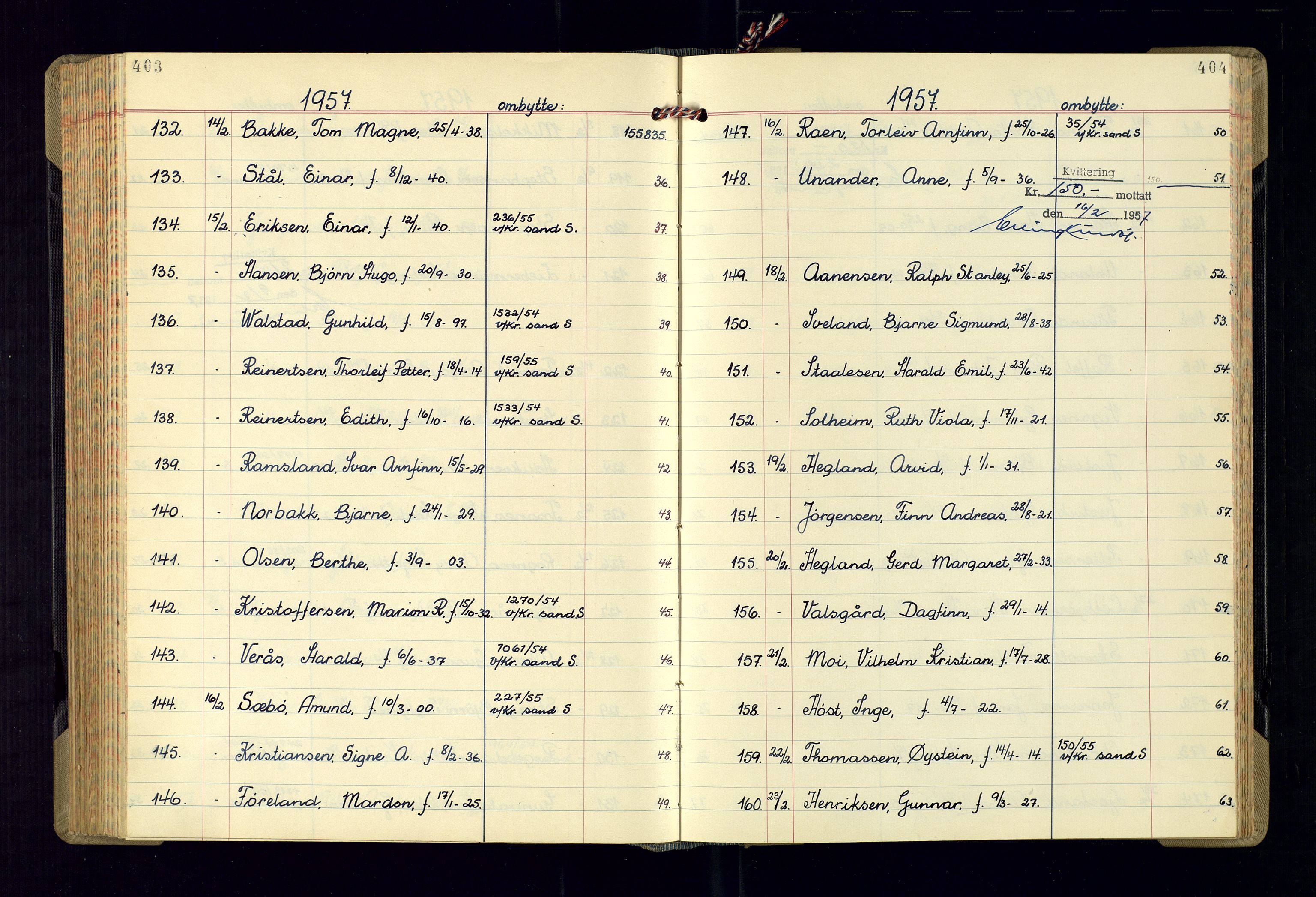 Kristiansand politikammer - 2, AV/SAK-1243-0009/K/Ka/Kaa/L0613: Passprotokoll, liste med løpenumre, 1954-1958, p. 403-404