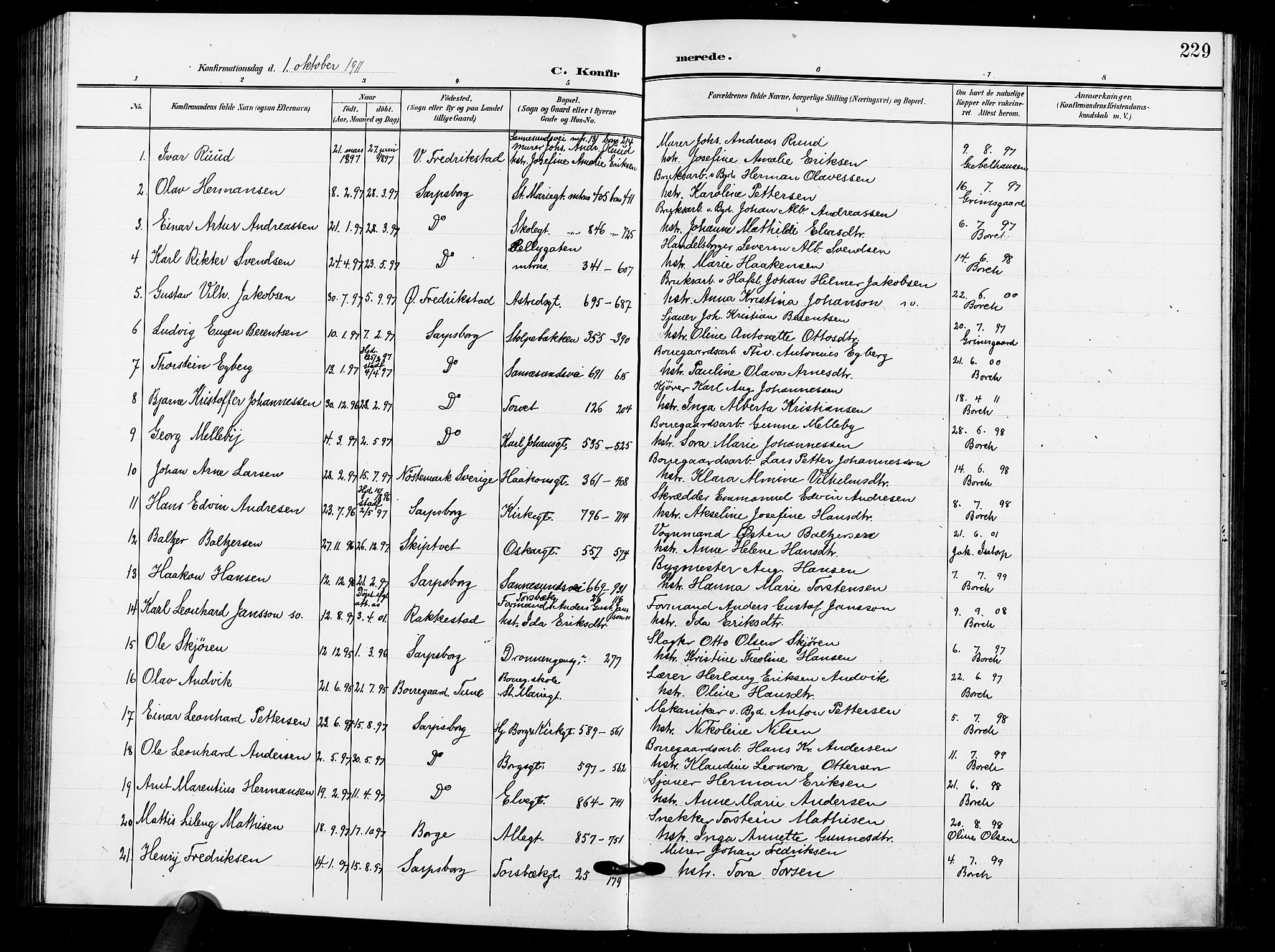 Sarpsborg prestekontor Kirkebøker, AV/SAO-A-2006/G/Ga/L0001: Parish register (copy) no. 1, 1902-1911, p. 229