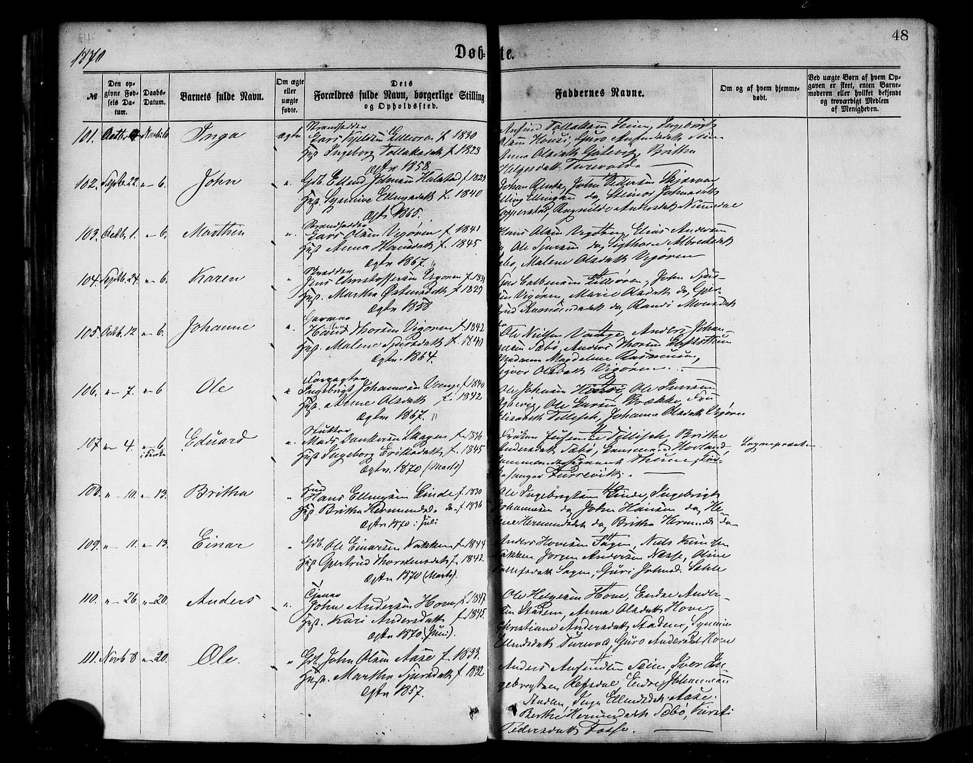 Vik sokneprestembete, AV/SAB-A-81501/H/Haa/Haaa/L0009: Parish register (official) no. A 9, 1866-1877, p. 48