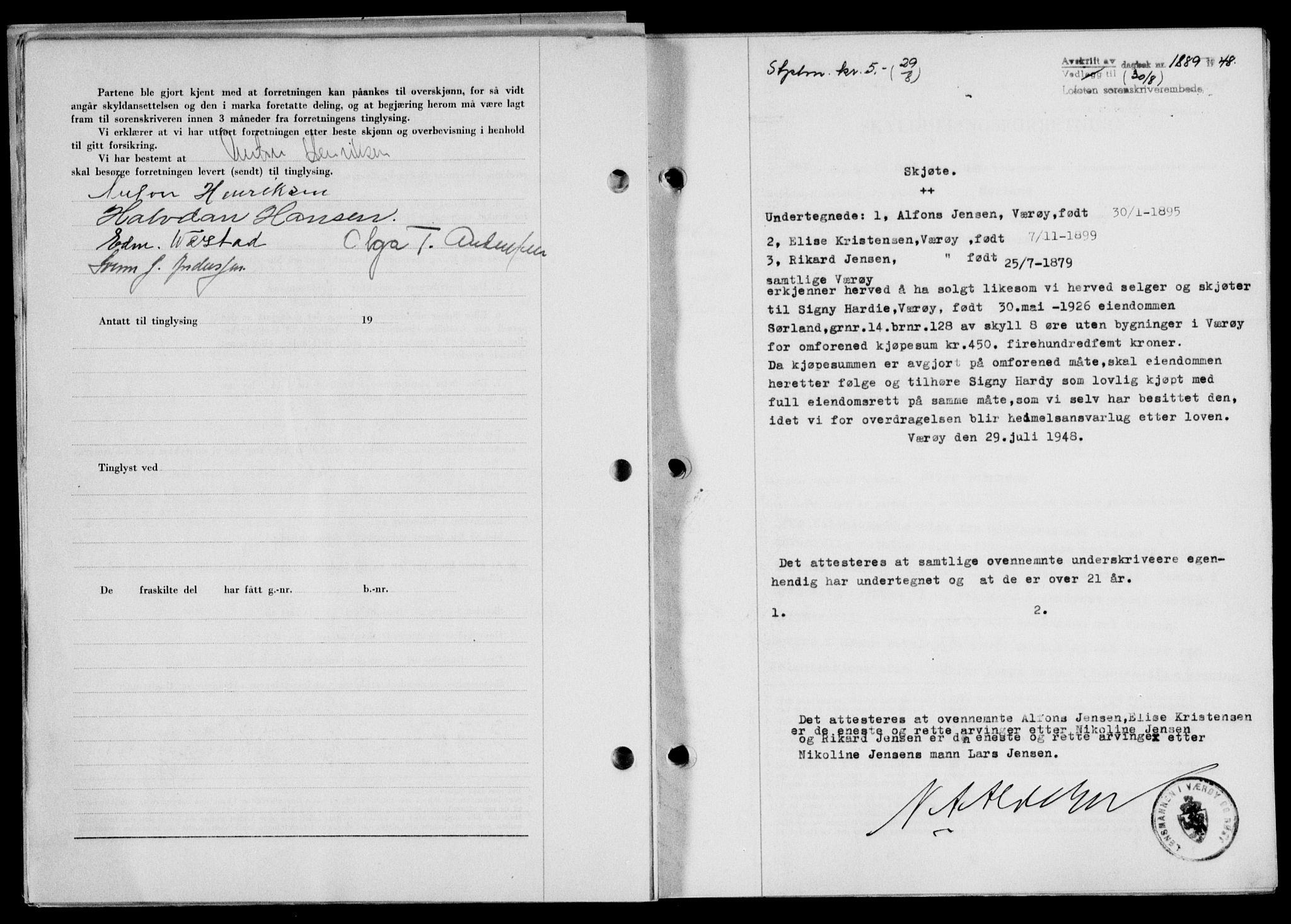 Lofoten sorenskriveri, SAT/A-0017/1/2/2C/L0019a: Mortgage book no. 19a, 1948-1948, Diary no: : 1889/1948