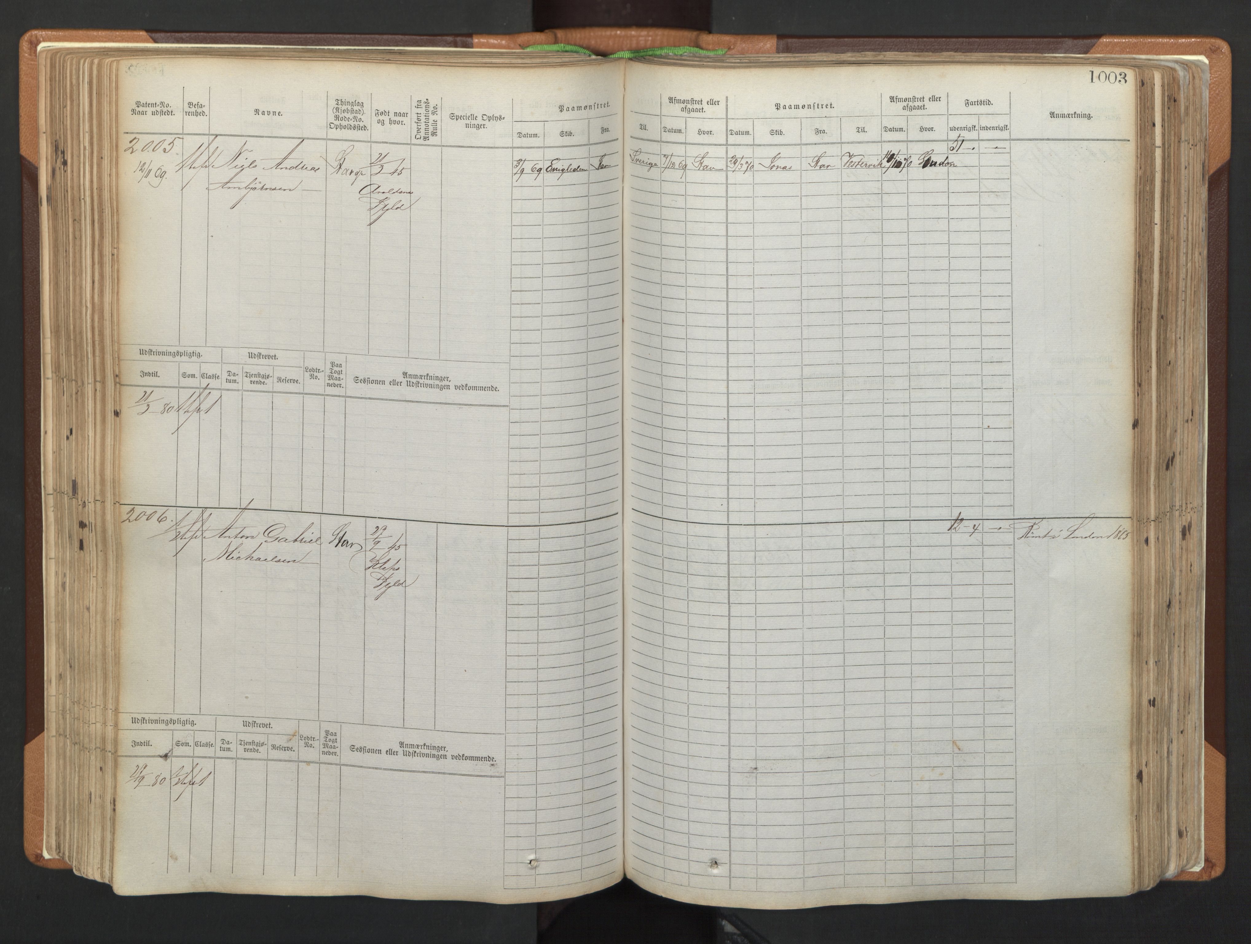 Stavanger sjømannskontor, SAST/A-102006/F/Fb/Fbb/L0006: Sjøfartshovedrulle, patentnr. 1607-2402 (del 3), 1869-1880, p. 203