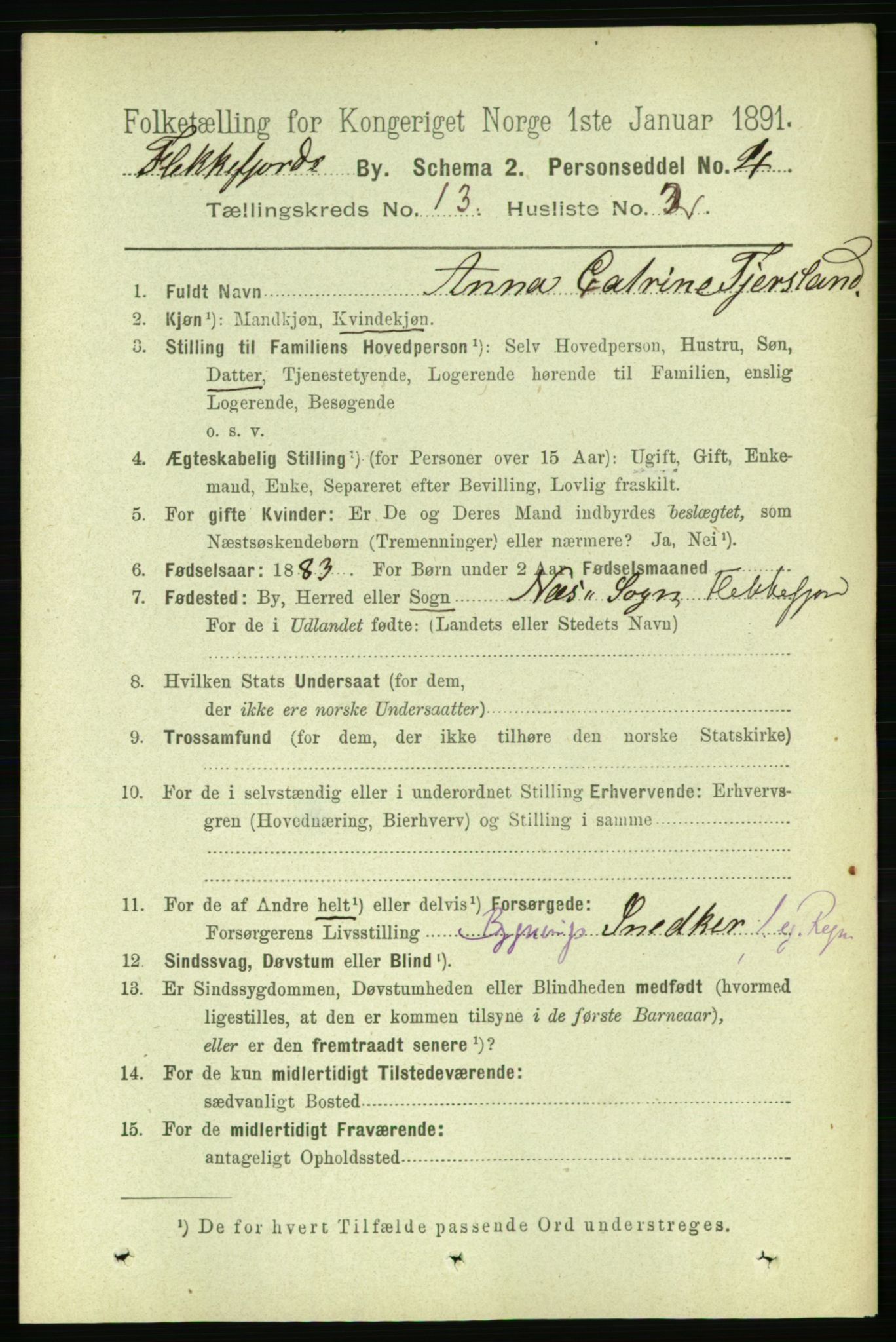 RA, 1891 census for 1004 Flekkefjord, 1891, p. 1785