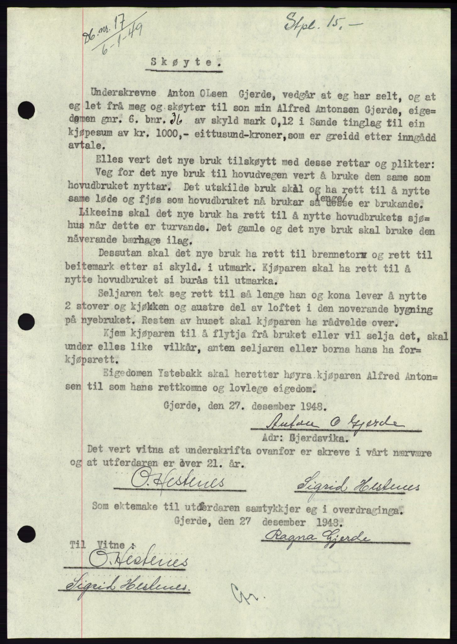 Søre Sunnmøre sorenskriveri, AV/SAT-A-4122/1/2/2C/L0083: Mortgage book no. 9A, 1948-1949, Diary no: : 17/1949