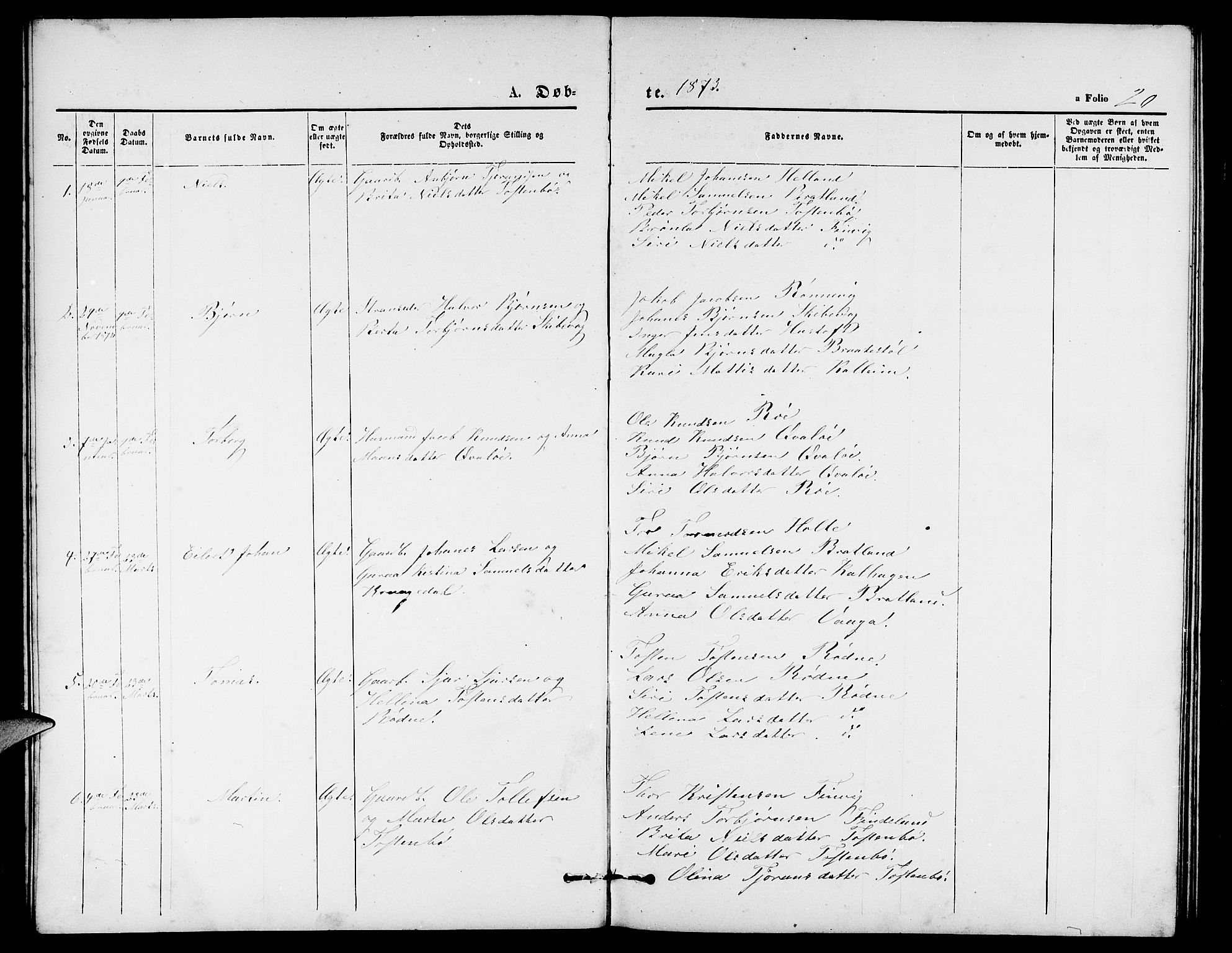 Vikedal sokneprestkontor, SAST/A-101840/01/V: Parish register (copy) no. B 4, 1868-1890, p. 20