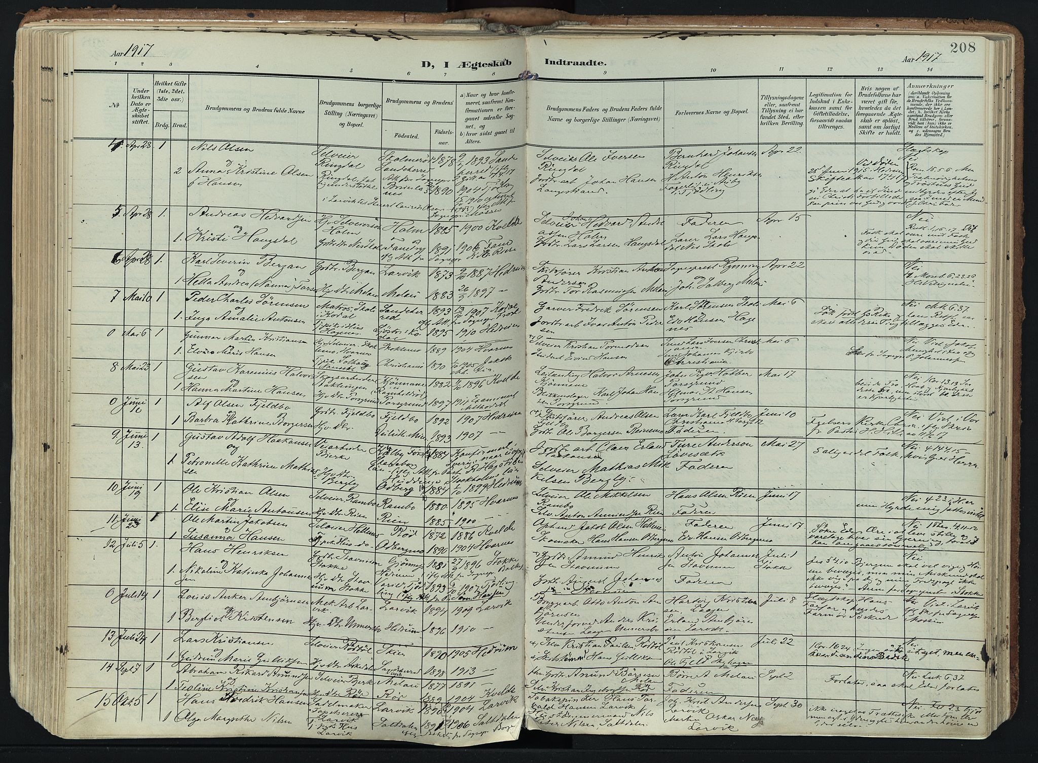 Hedrum kirkebøker, SAKO/A-344/F/Fa/L0010: Parish register (official) no. I 10, 1904-1918, p. 208