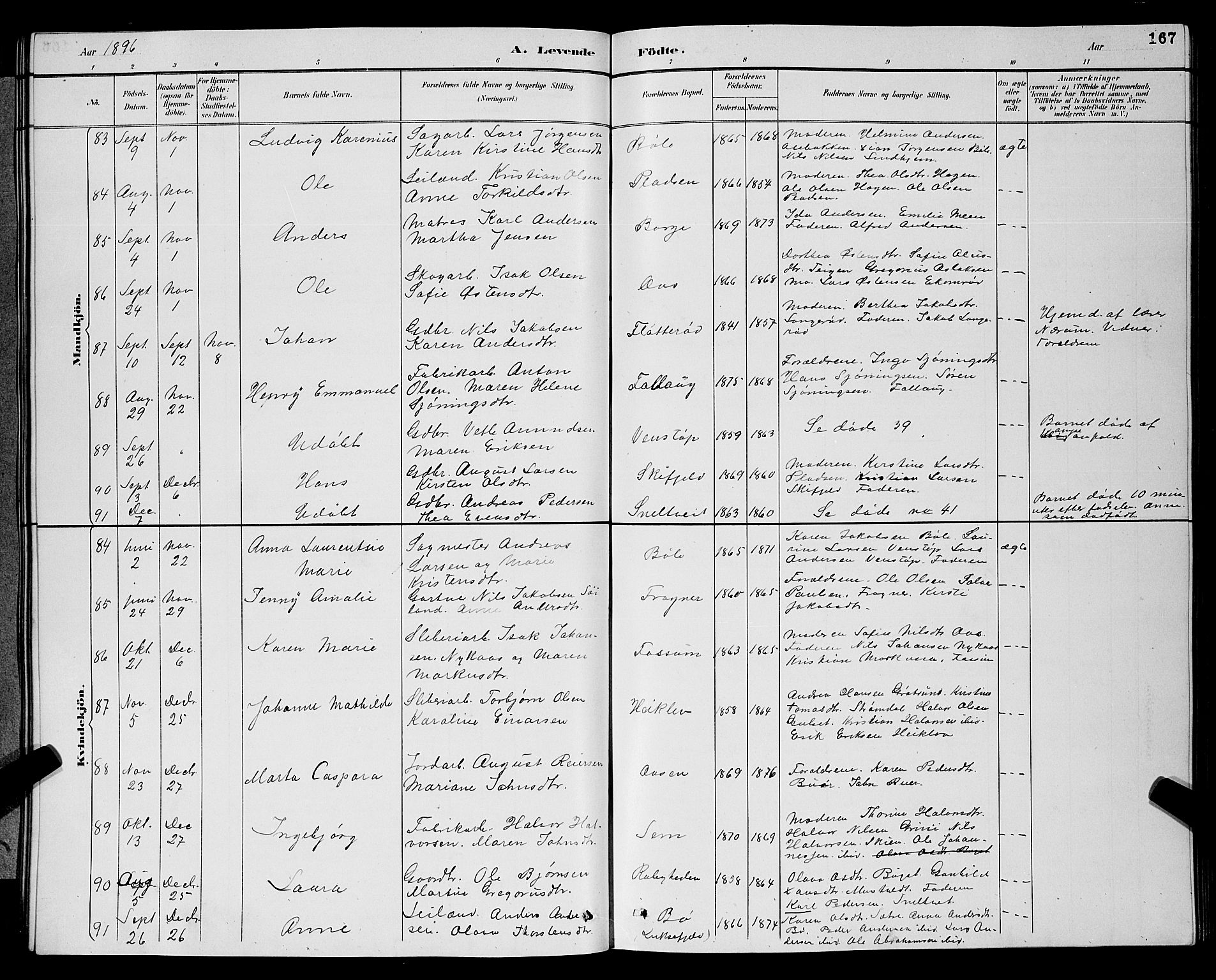 Gjerpen kirkebøker, AV/SAKO-A-265/G/Ga/L0002: Parish register (copy) no. I 2, 1883-1900, p. 167