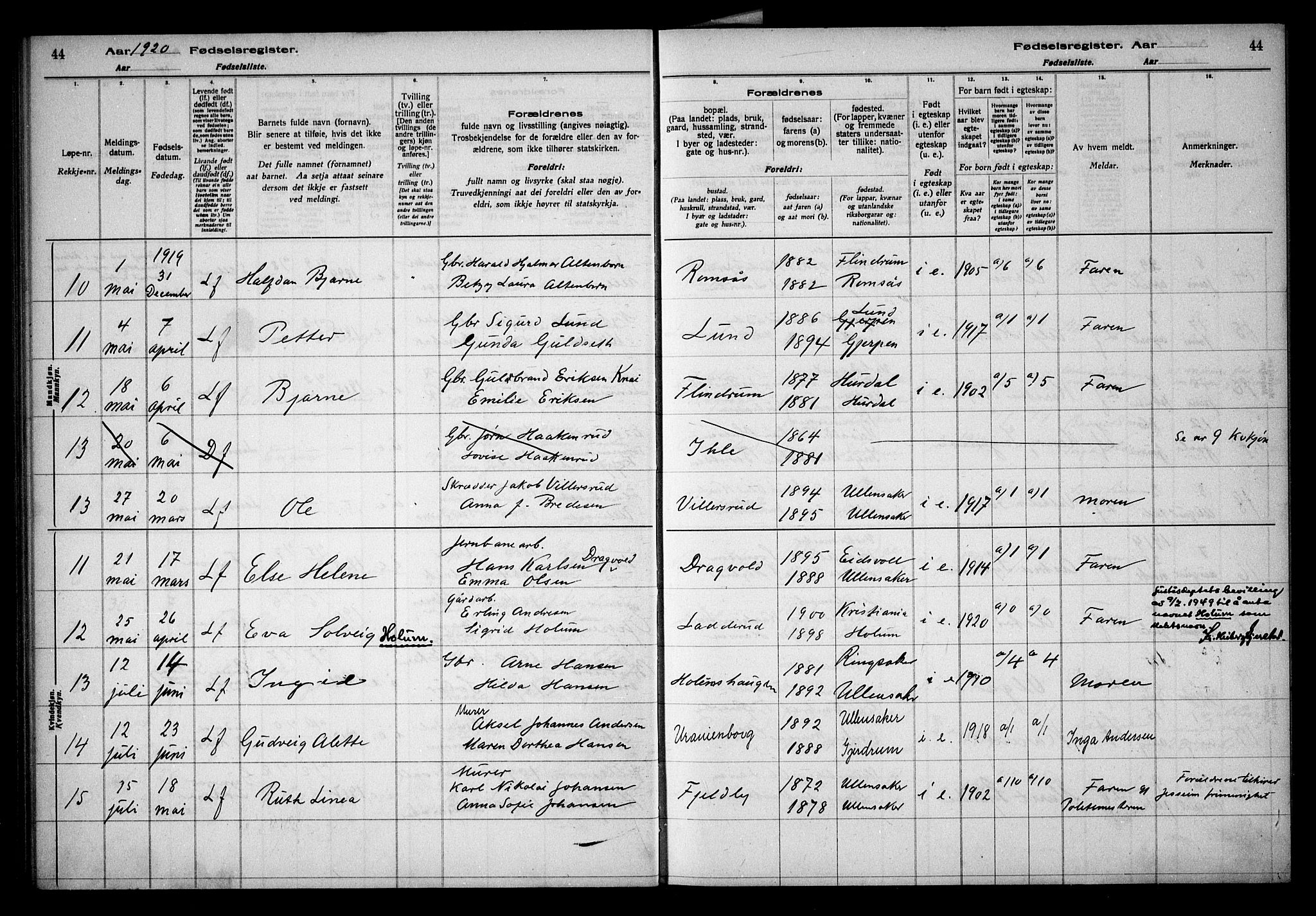 Ullensaker prestekontor Kirkebøker, AV/SAO-A-10236a/J/Ja/L0001: Birth register no. I 1, 1916-1938, p. 44
