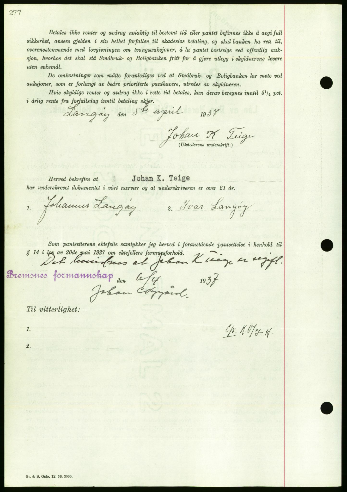 Nordmøre sorenskriveri, AV/SAT-A-4132/1/2/2Ca/L0091: Mortgage book no. B81, 1937-1937, Diary no: : 985/1937