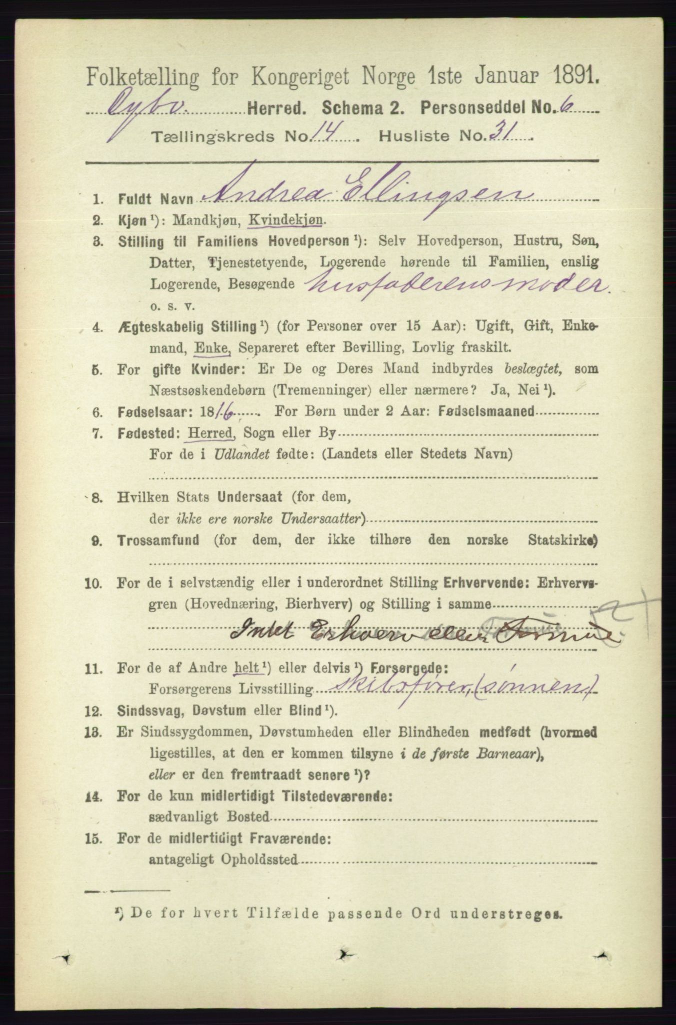 RA, 1891 census for 0915 Dypvåg, 1891, p. 5927