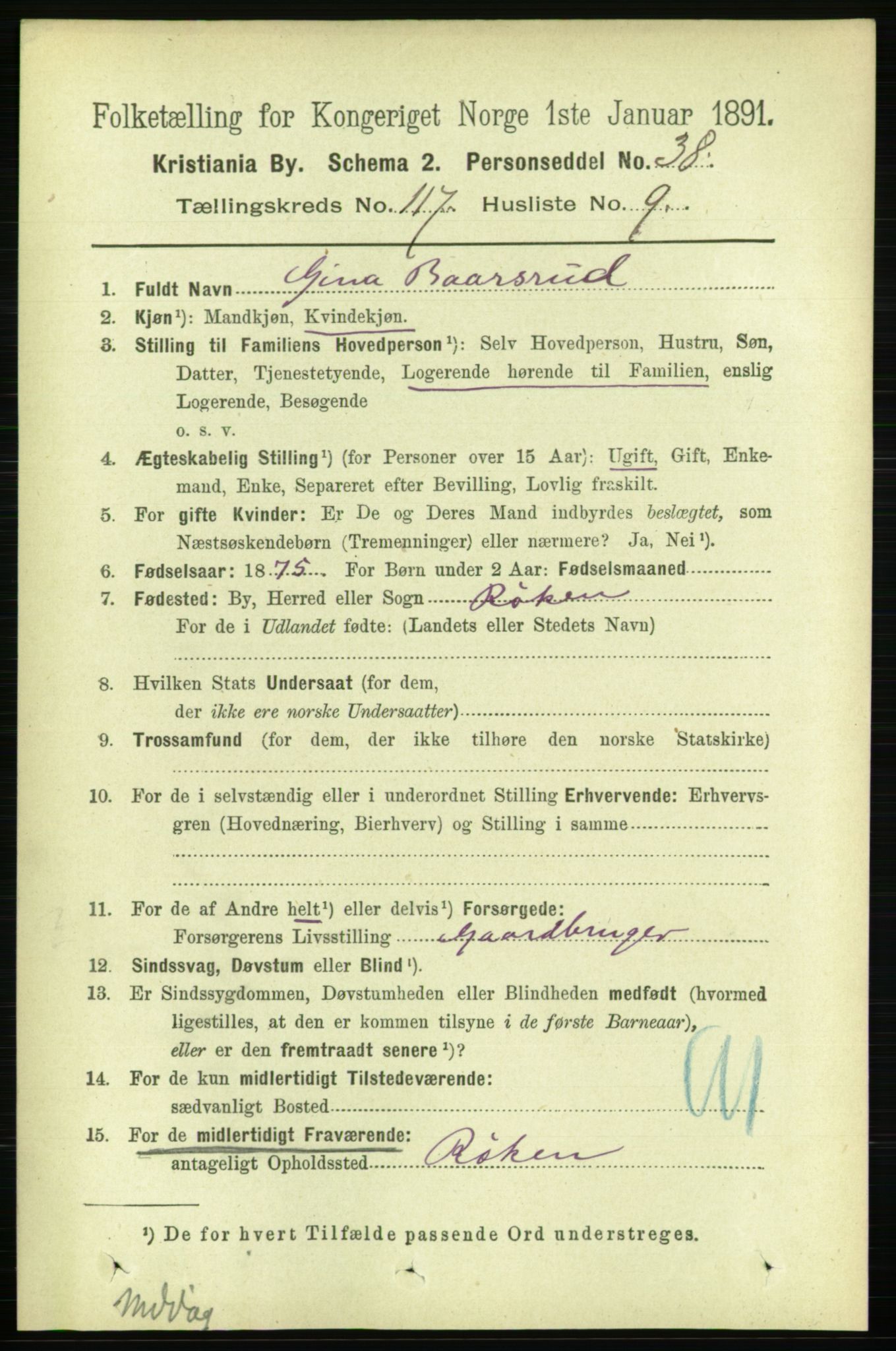 RA, 1891 census for 0301 Kristiania, 1891, p. 63136