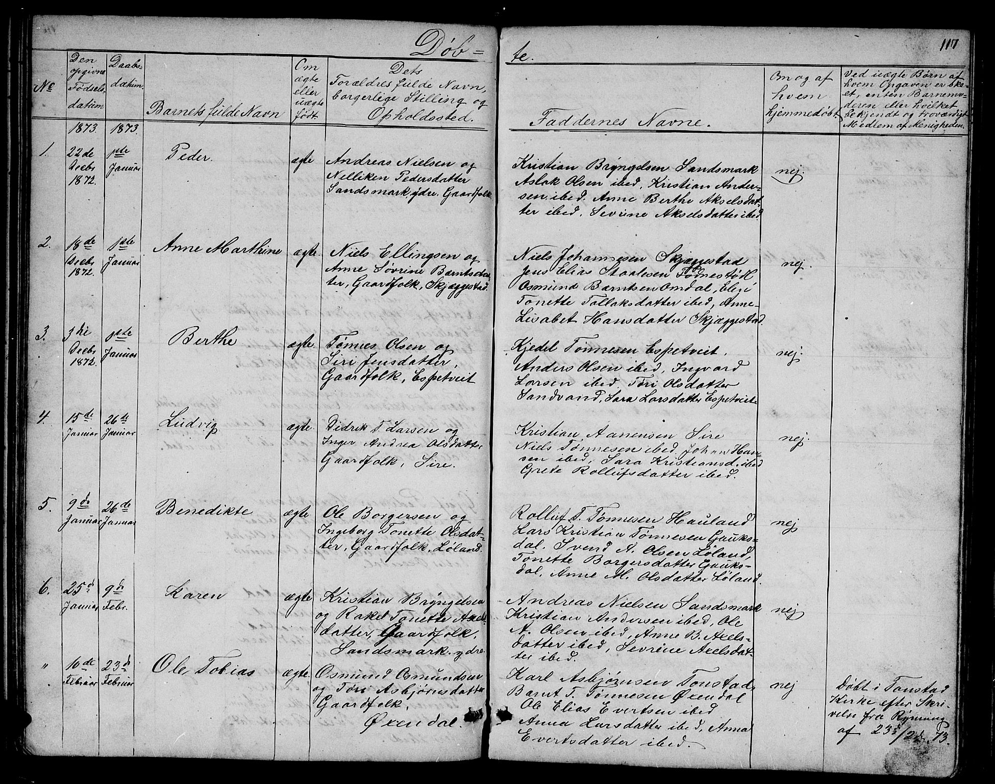 Bakke sokneprestkontor, SAK/1111-0002/F/Fb/Fba/L0001: Parish register (copy) no. B 1, 1849-1879, p. 117