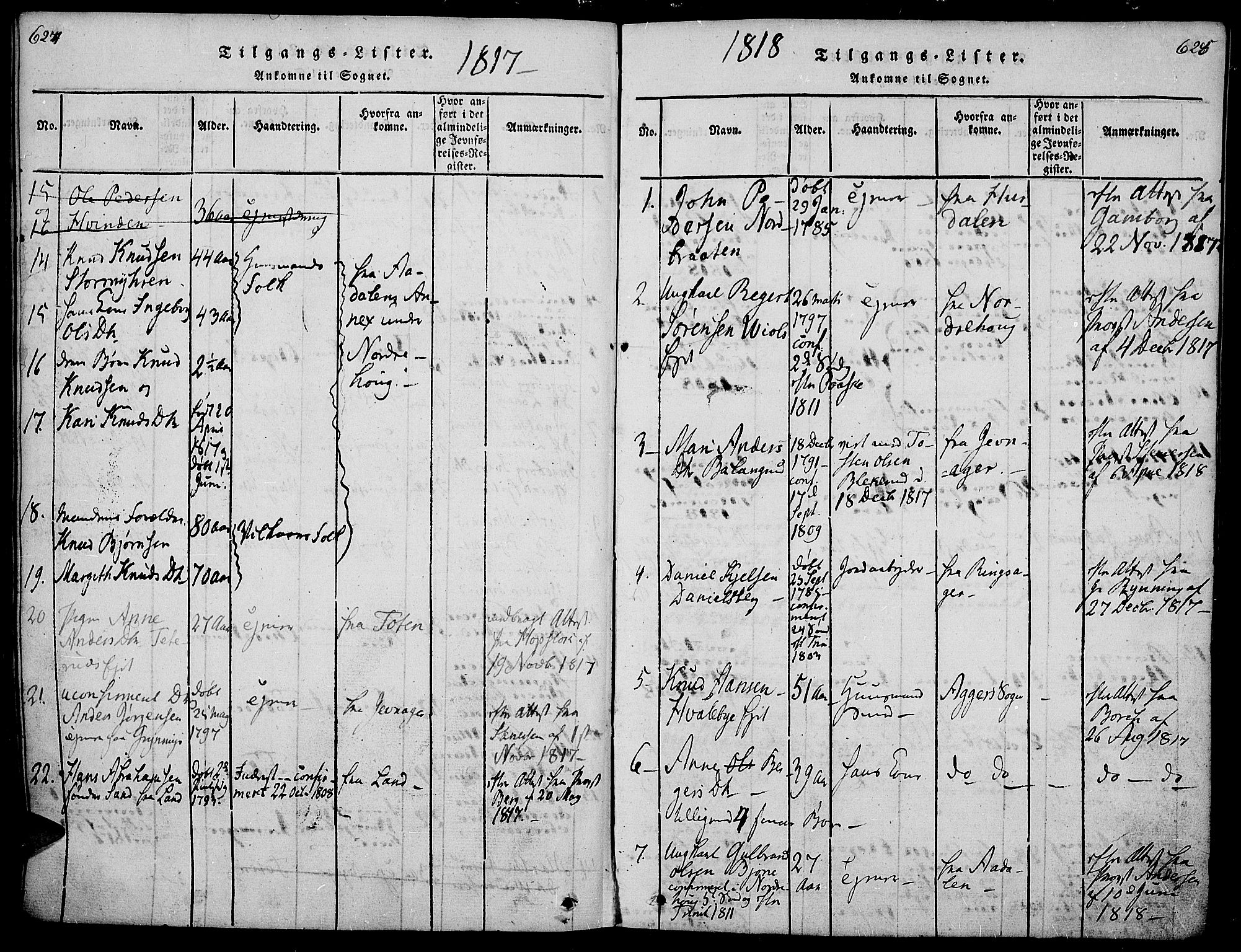 Gran prestekontor, SAH/PREST-112/H/Ha/Haa/L0009: Parish register (official) no. 9, 1815-1824, p. 624-625