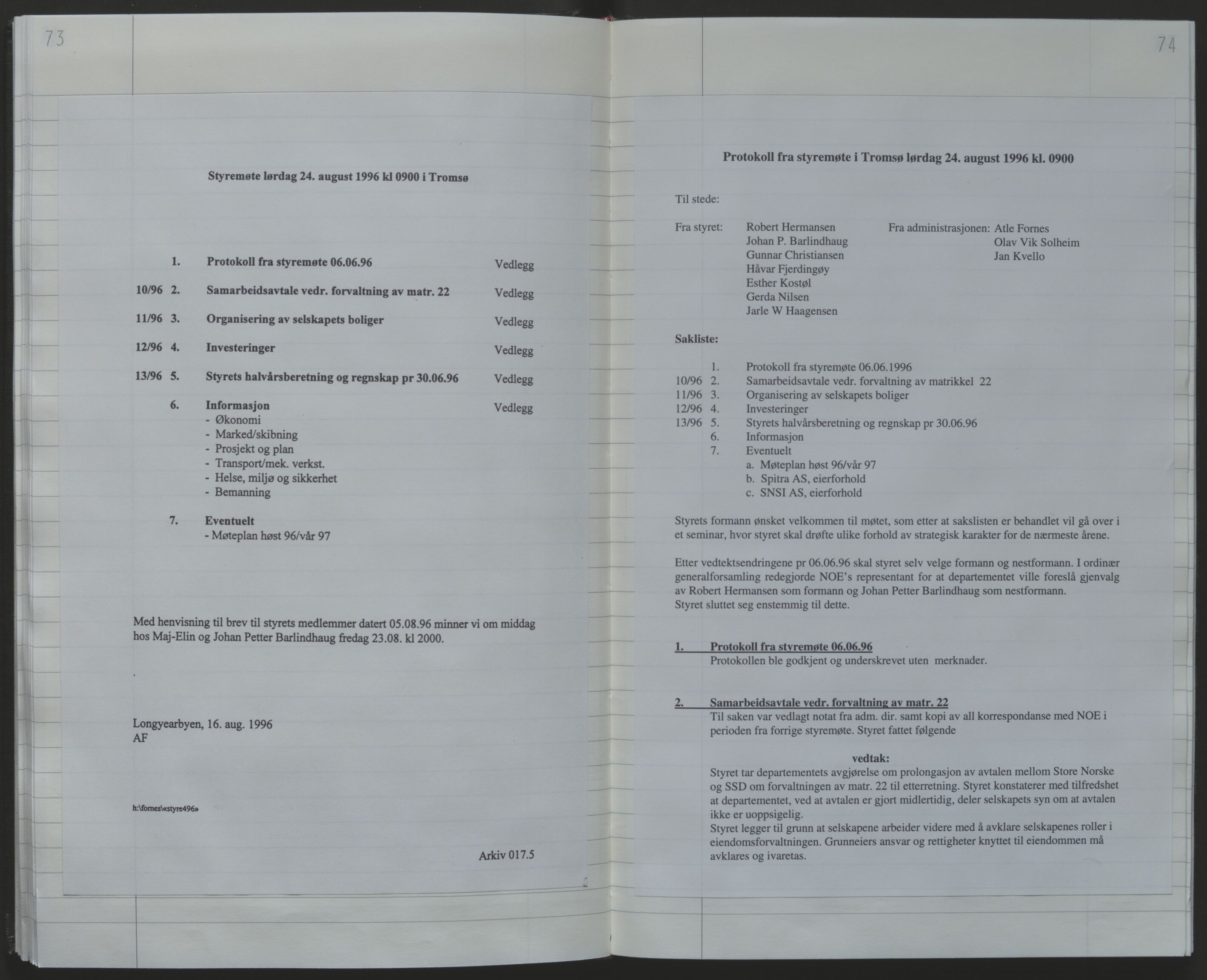 Store Norske Spitsbergen Kulkompani A/S, AV/SATØ-P-0073/09/A/Ab/Aba/L0004: Styreprotokoll 9, 1994-2000, p. 73-74