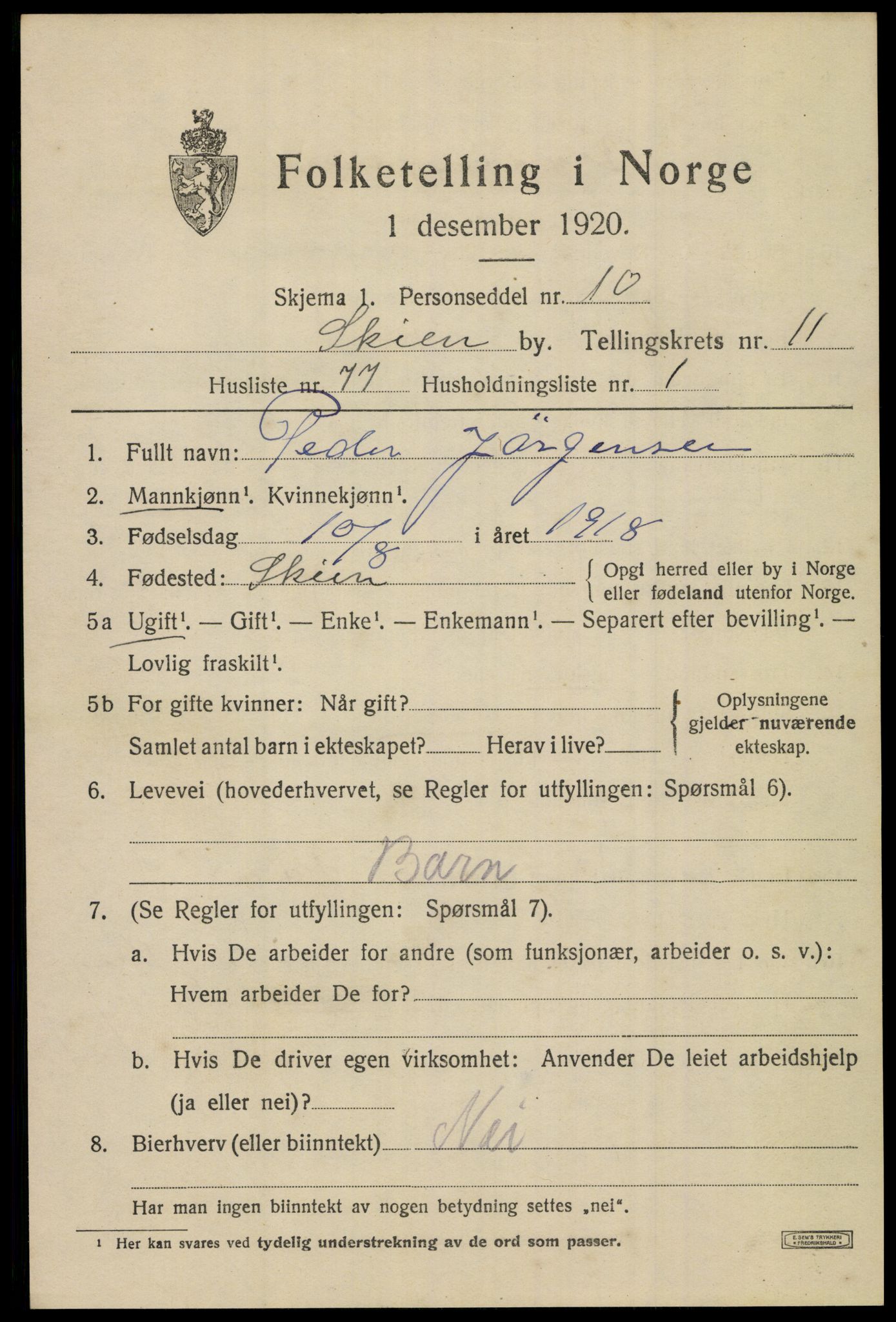 SAKO, 1920 census for Skien, 1920, p. 36466