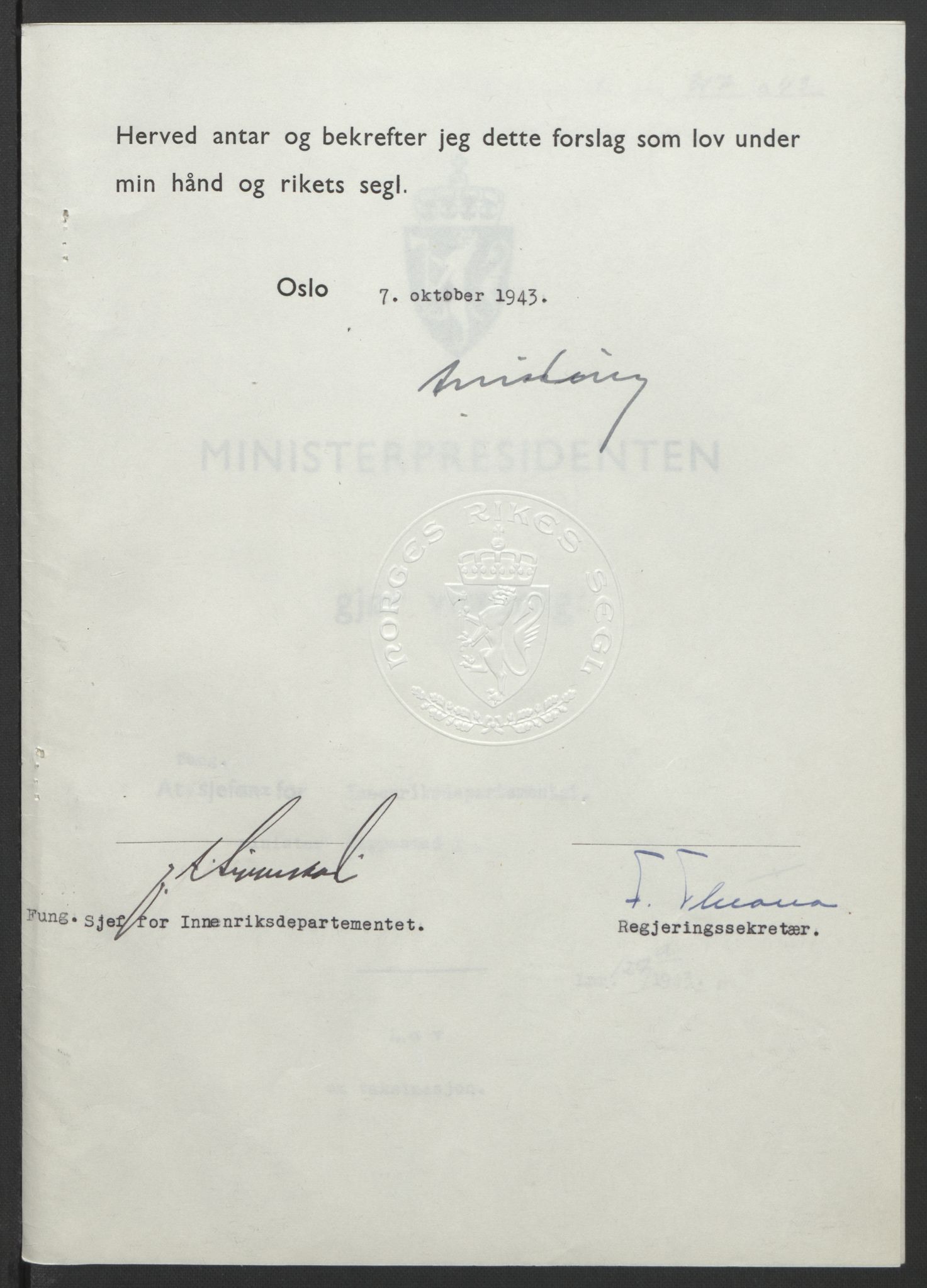 NS-administrasjonen 1940-1945 (Statsrådsekretariatet, de kommisariske statsråder mm), RA/S-4279/D/Db/L0099: Lover, 1943, p. 594