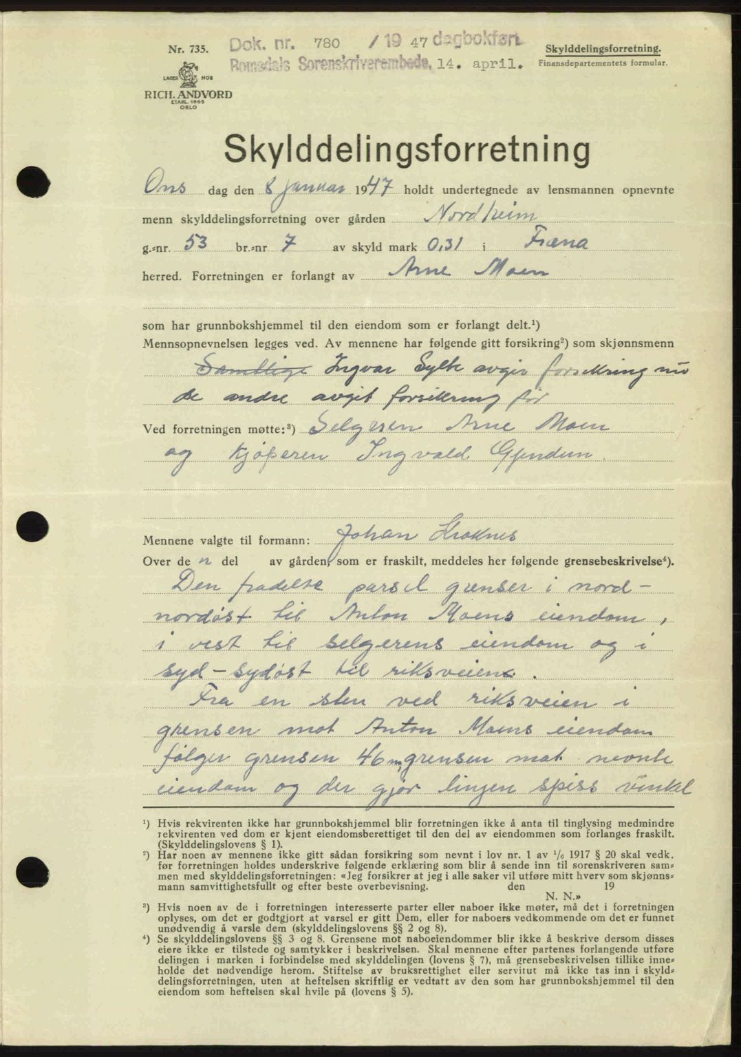 Romsdal sorenskriveri, AV/SAT-A-4149/1/2/2C: Mortgage book no. A22, 1947-1947, Diary no: : 780/1947