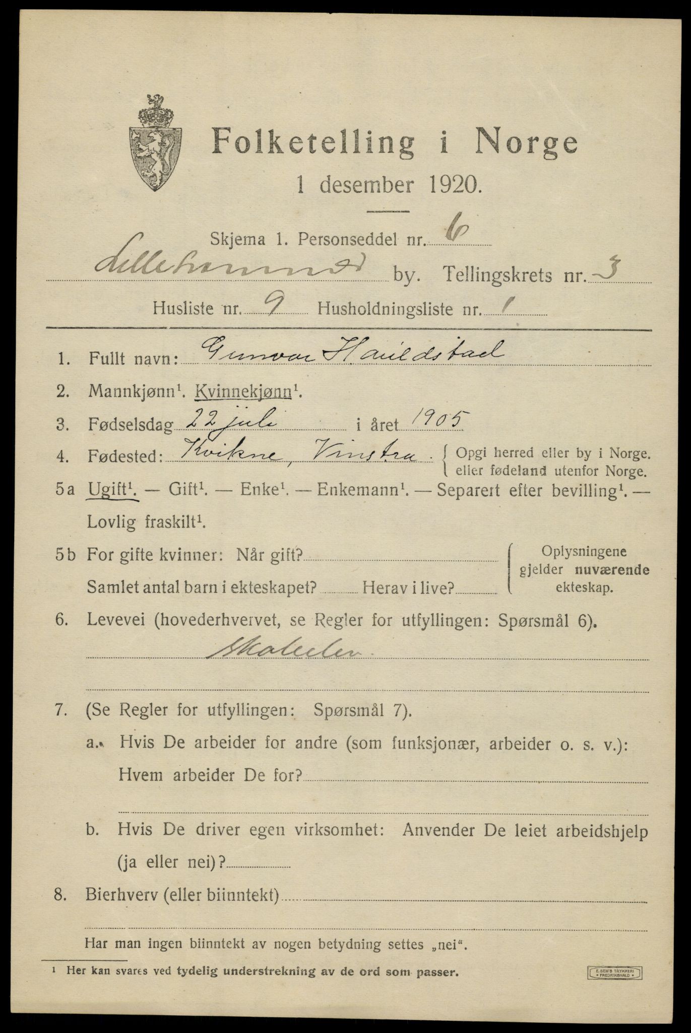 SAH, 1920 census for Lillehammer, 1920, p. 5814