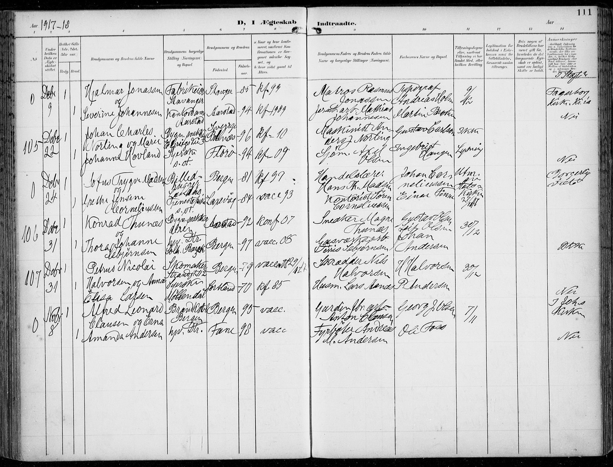 Årstad Sokneprestembete, AV/SAB-A-79301/H/Haa/L0009: Parish register (official) no. C 1, 1902-1918, p. 111